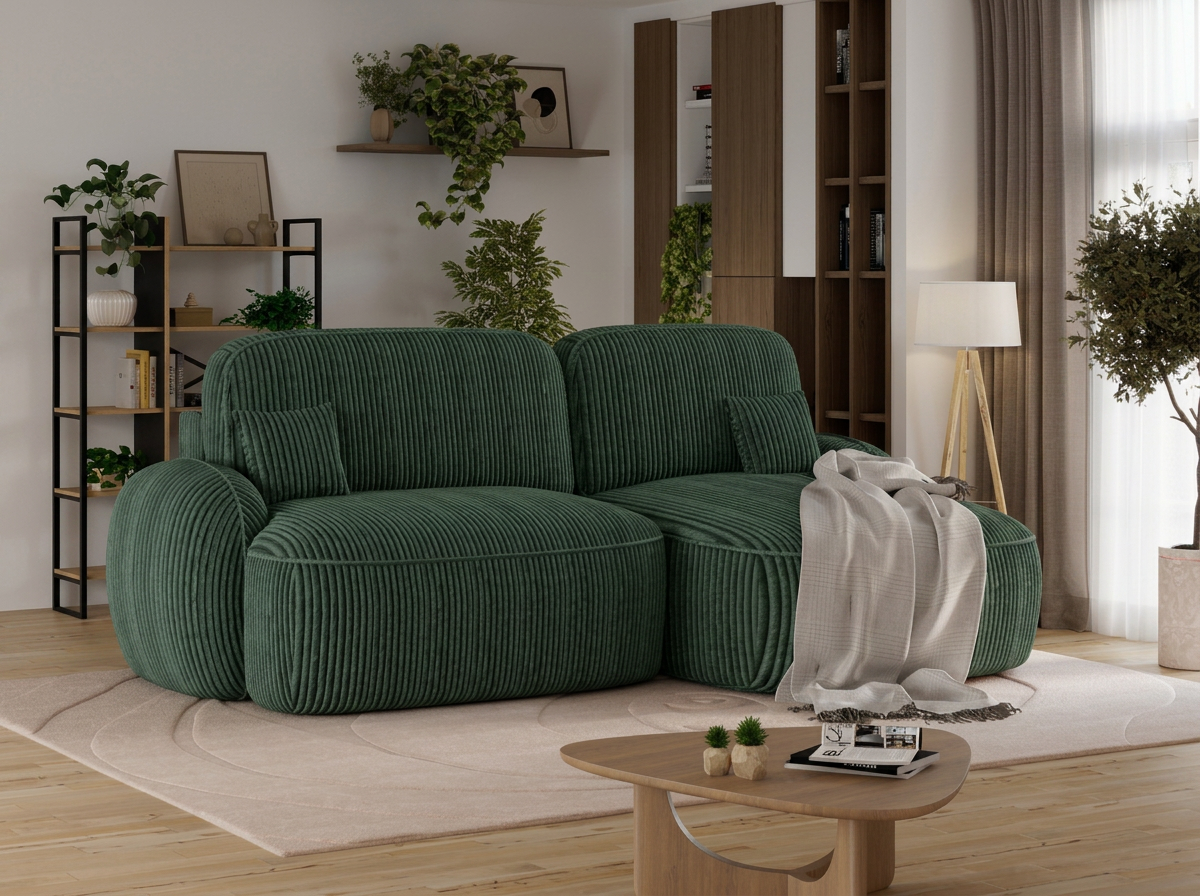 Canapé d'angle convertible design MIRABEAU avec coffre de rangement - Velours côtelé épais vert - vue 4