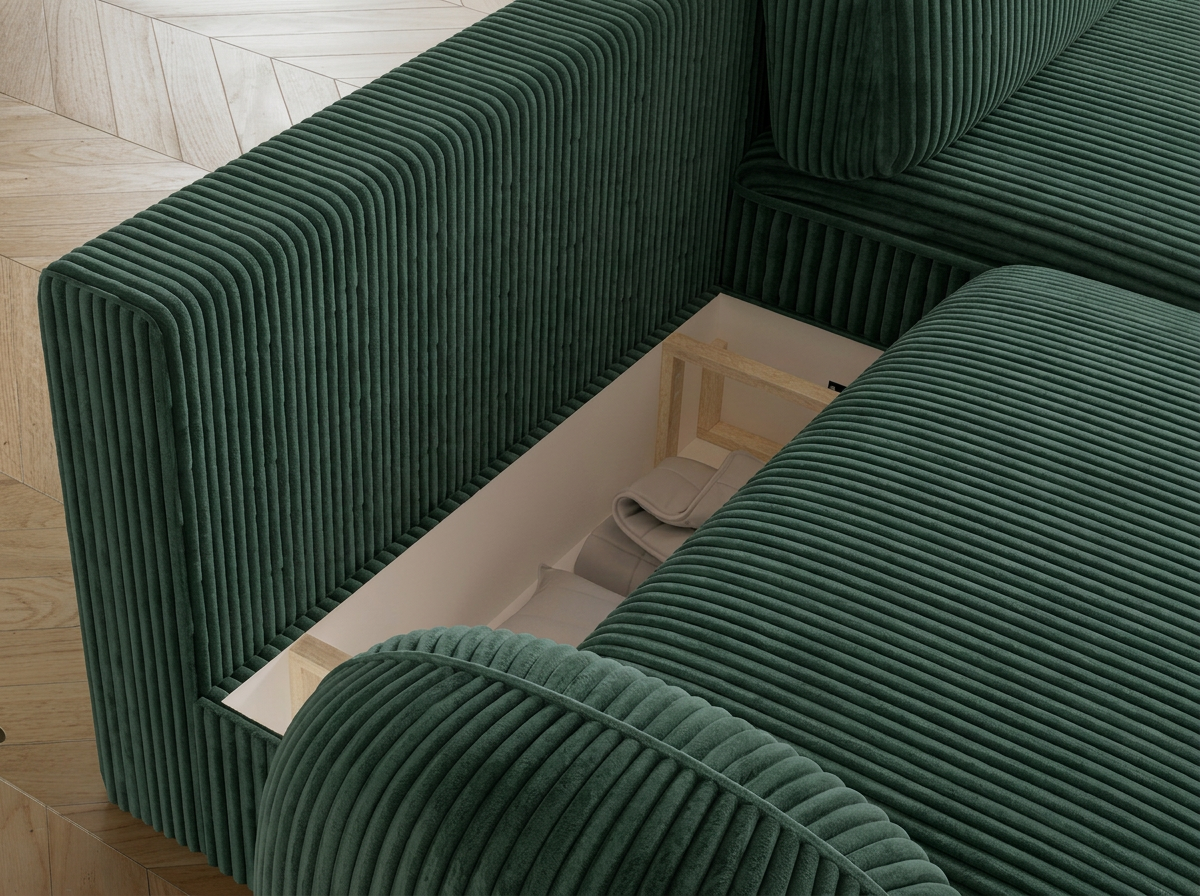Canapé d'angle convertible design MIRABEAU avec coffre de rangement - Velours côtelé épais vert - vue 9
