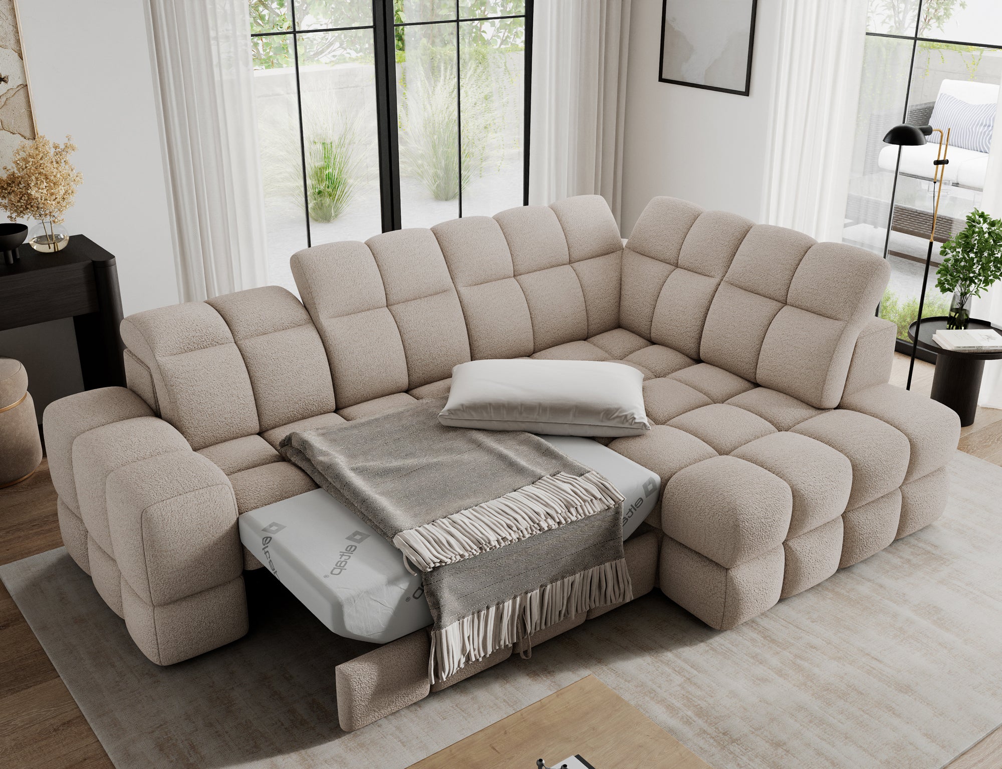 Canapé d'angle convertible design VANEAU avec coffre de rangement - Bouclette chinée beige - vue 2