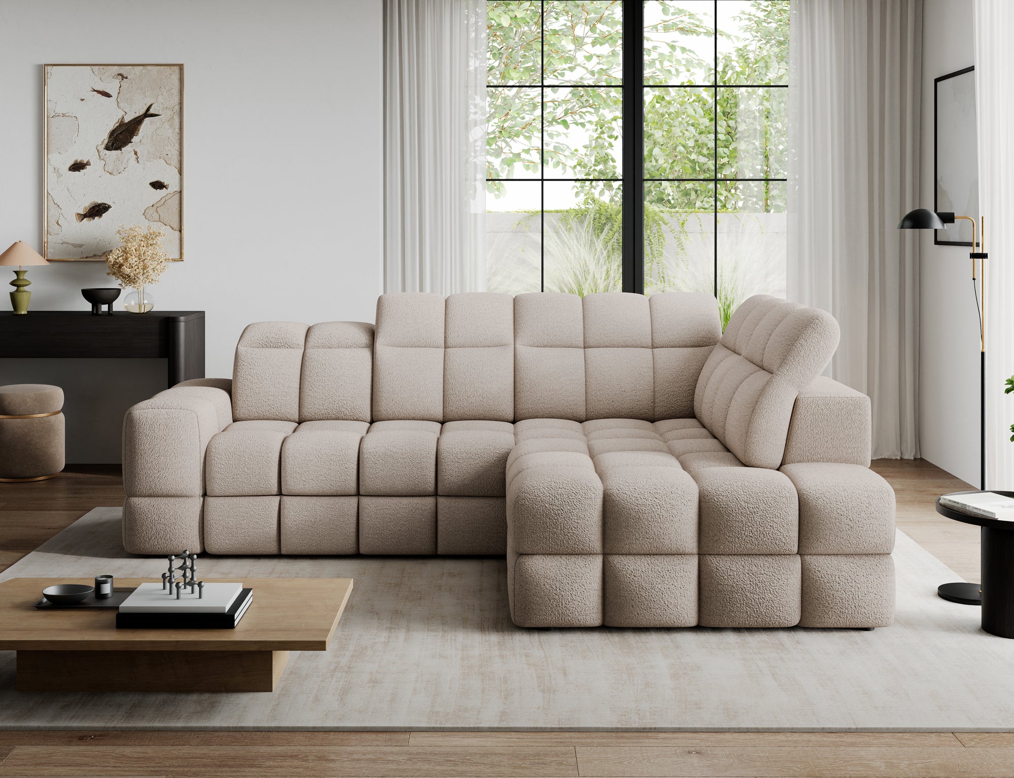 Canapé d'angle convertible design VANEAU avec coffre de rangement - Bouclette chinée beige - vue 4