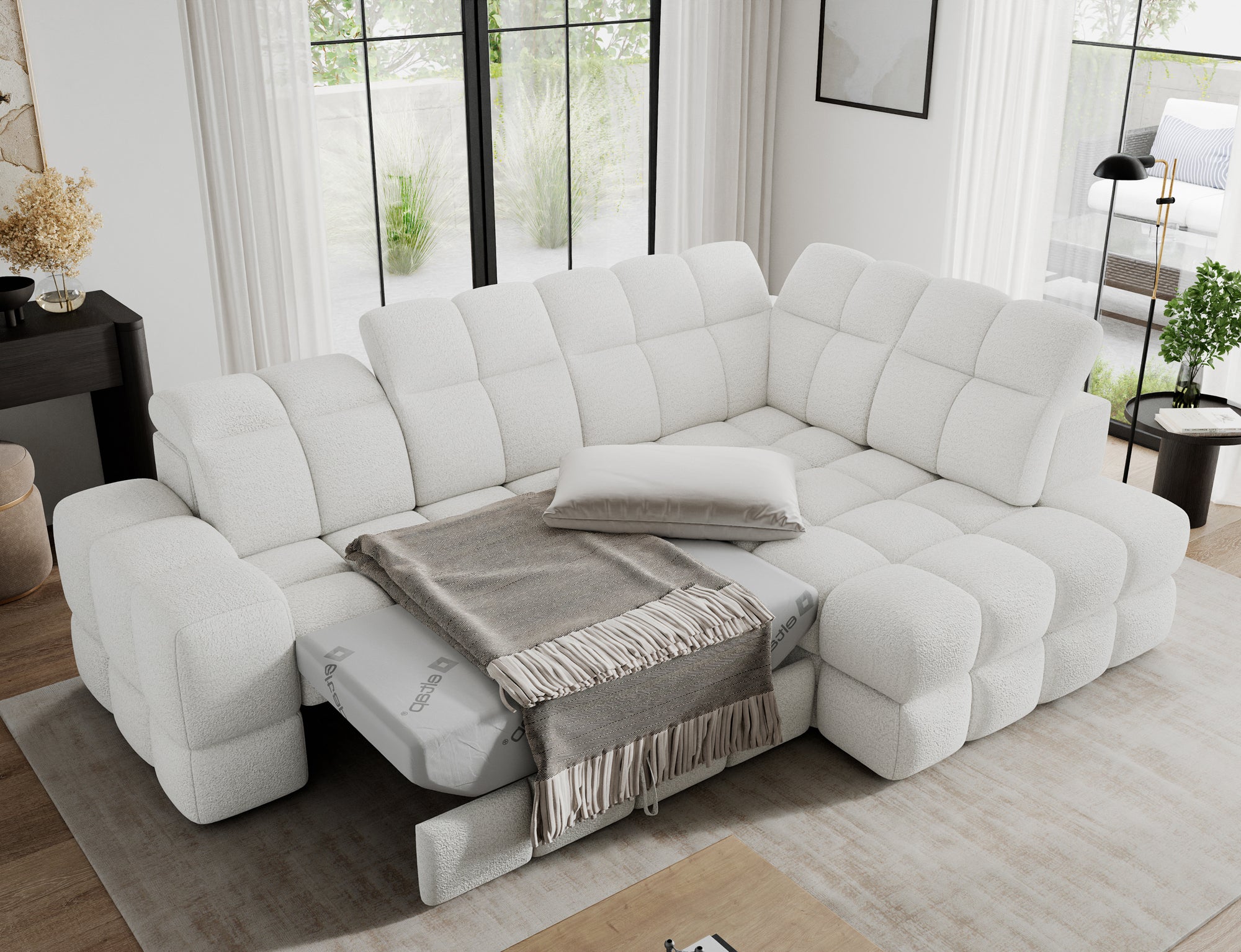 Canapé d'angle convertible design VANEAU avec coffre de rangement - Bouclette chinée crème - vue 2