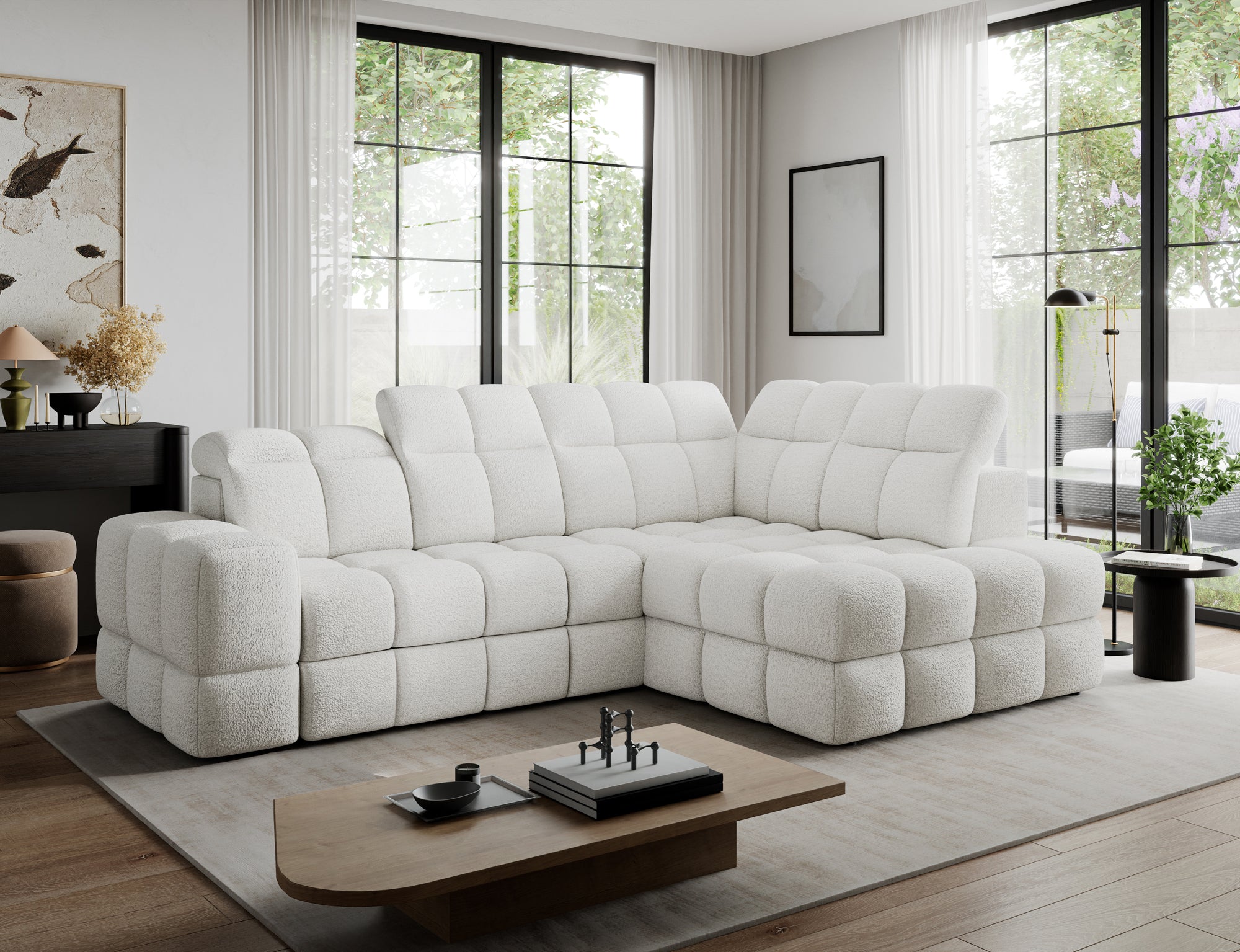 Canapé d'angle convertible design VANEAU avec coffre de rangement - Bouclette chinée crème - vue 3