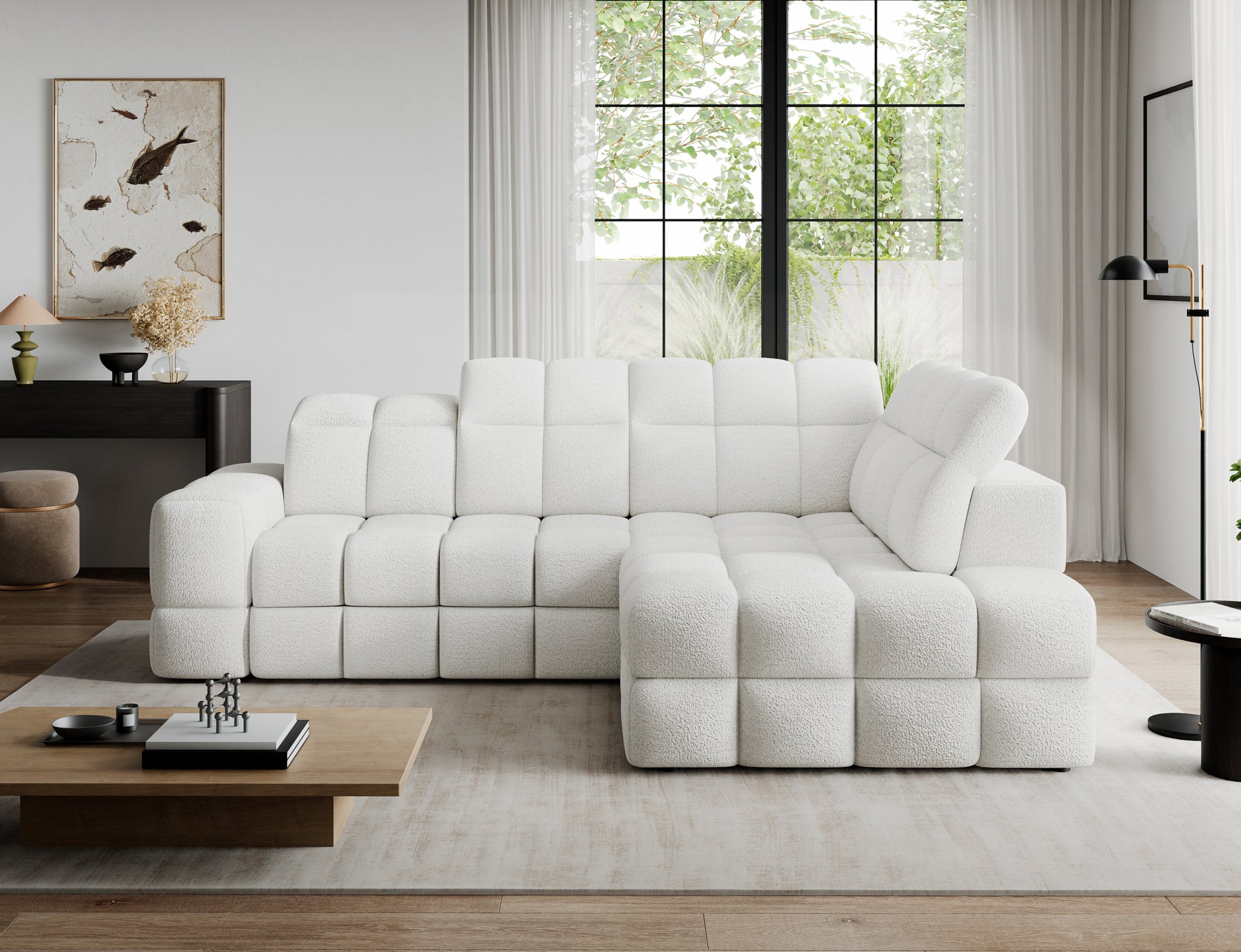 Canapé d'angle convertible design VANEAU avec coffre de rangement - Bouclette chinée crème - vue 4