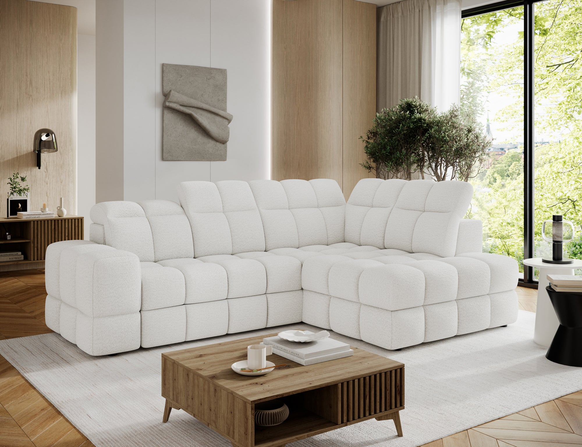 Canapé d'angle convertible design VANEAU avec coffre de rangement - Bouclette chinée crème - vue 5