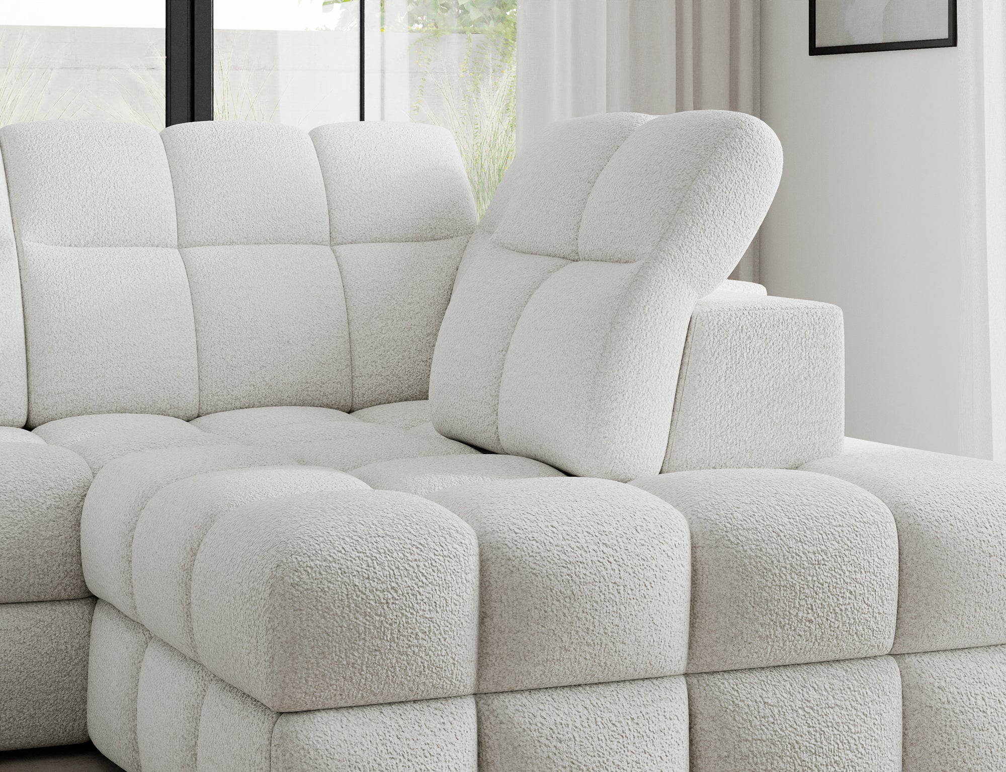 Canapé d'angle convertible design VANEAU avec coffre de rangement - Bouclette chinée crème - vue 8