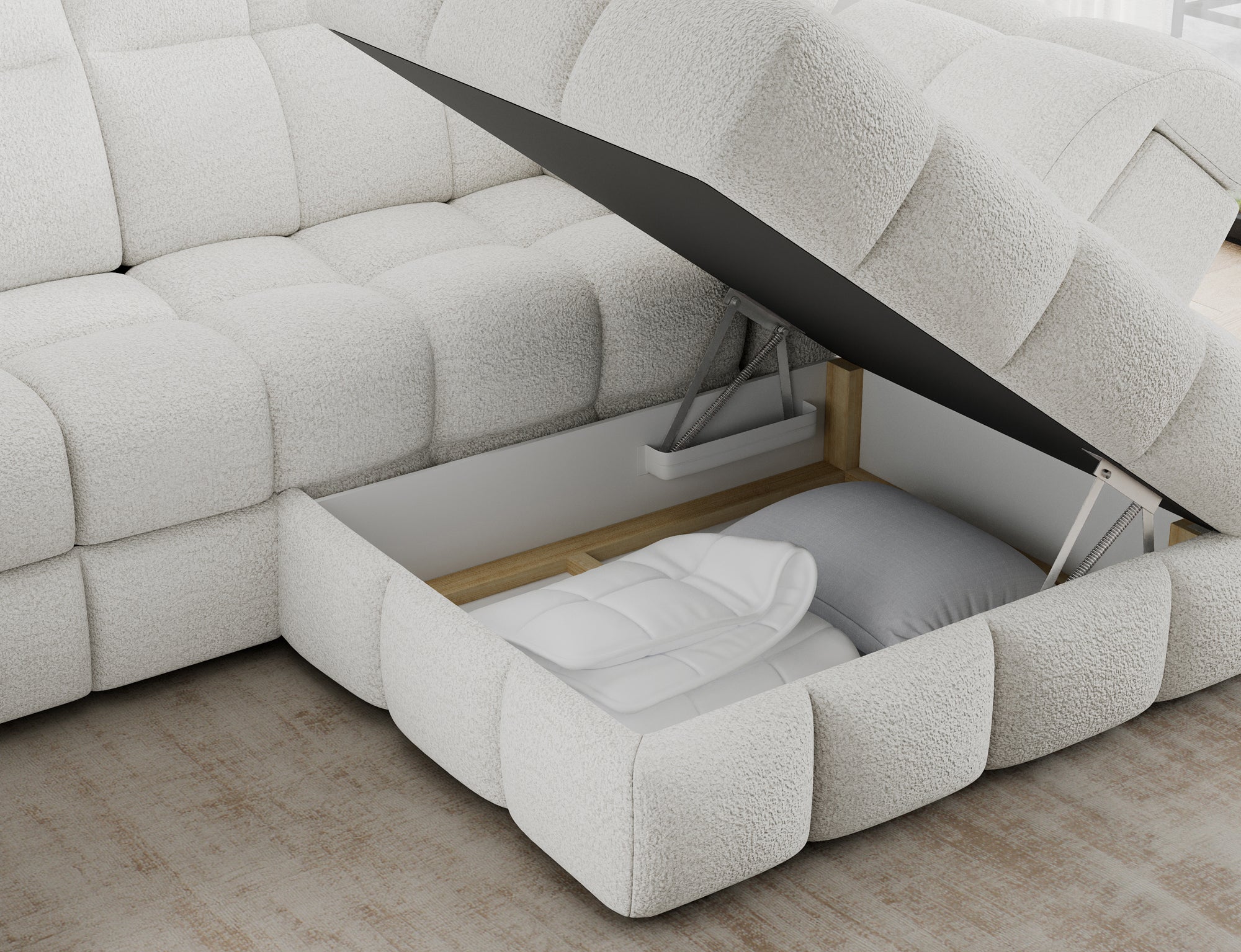 Canapé d'angle convertible design VANEAU avec coffre de rangement - Bouclette chinée crème - vue 9