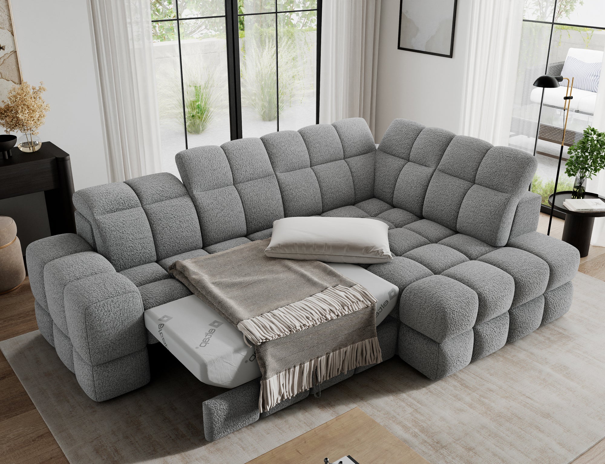 Canapé d'angle convertible design VANEAU avec coffre de rangement - Bouclette chinée gris - vue 2