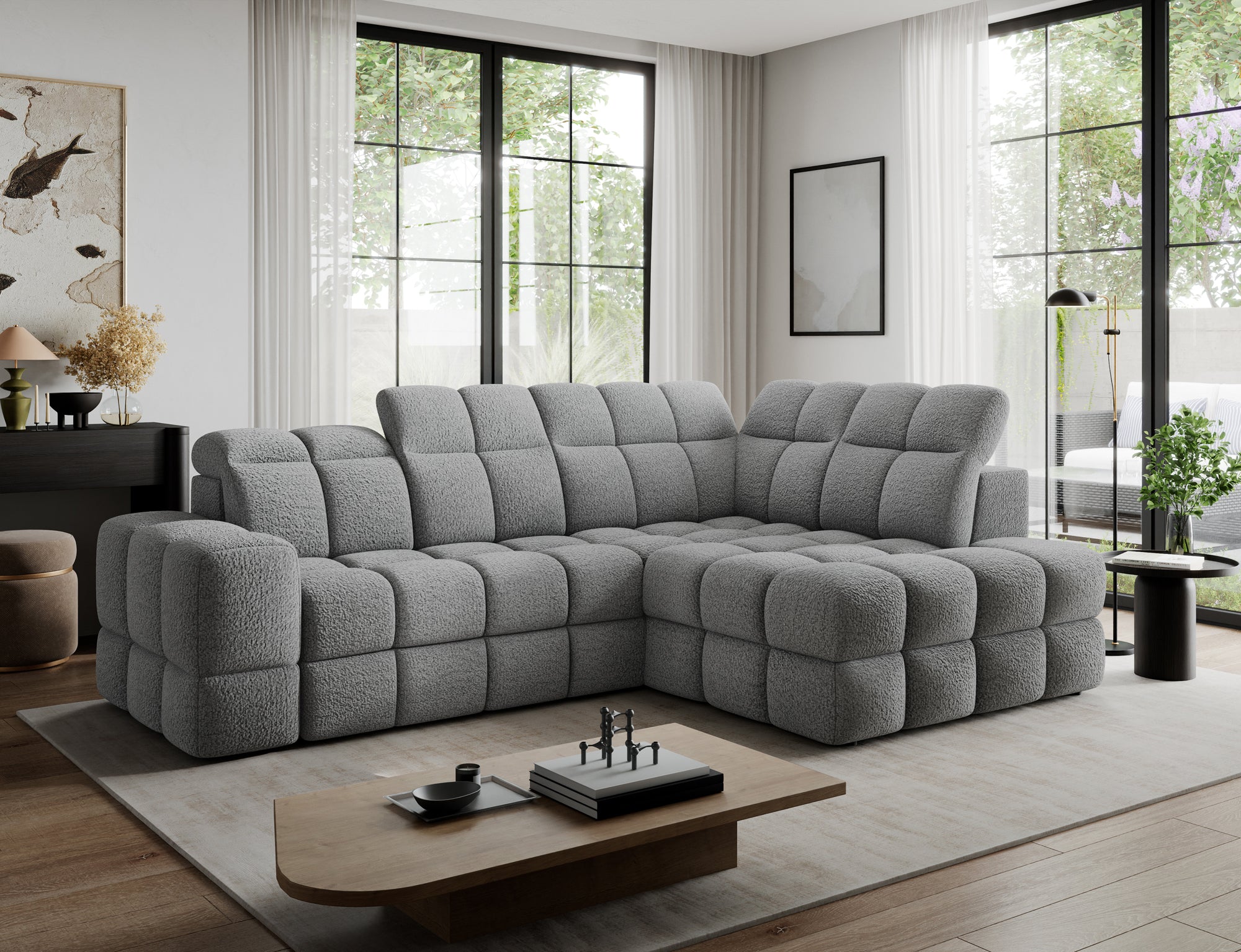 Canapé d'angle convertible design VANEAU avec coffre de rangement - Bouclette chinée gris - vue 3