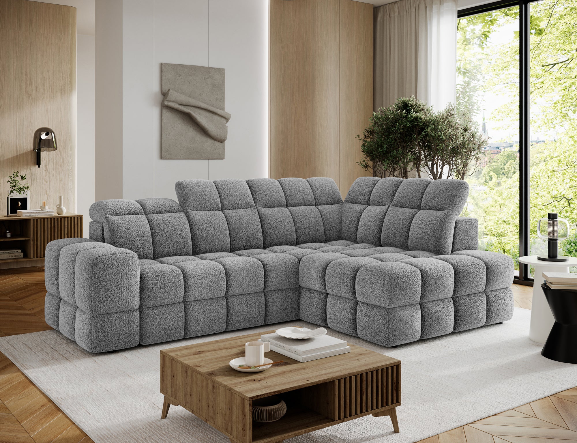 Canapé d'angle convertible design VANEAU avec coffre de rangement - Bouclette chinée gris - vue 5