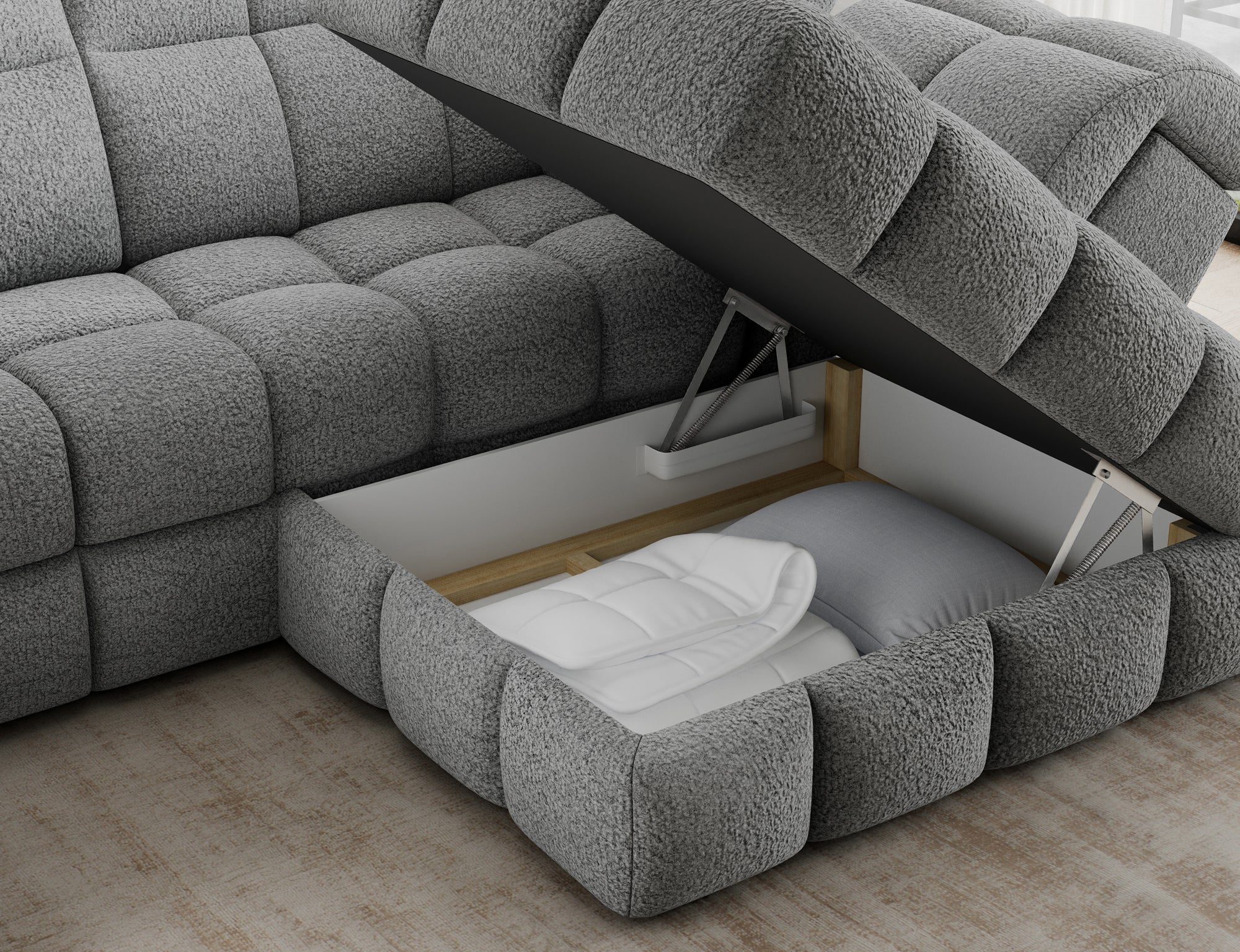 Canapé d'angle convertible design VANEAU avec coffre de rangement - Bouclette chinée gris - vue 9