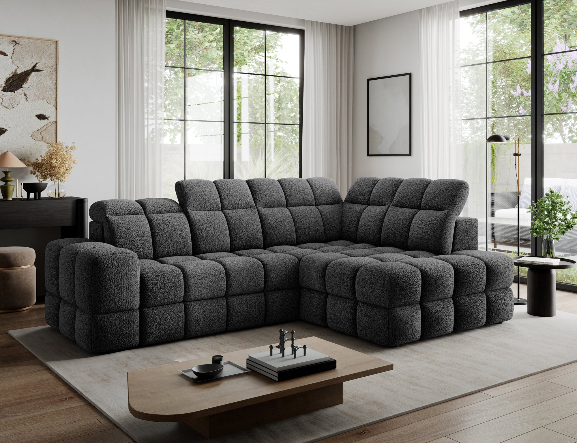 Canapé d'angle convertible design VANEAU avec coffre de rangement - Bouclette chinée gris foncé - vue 3