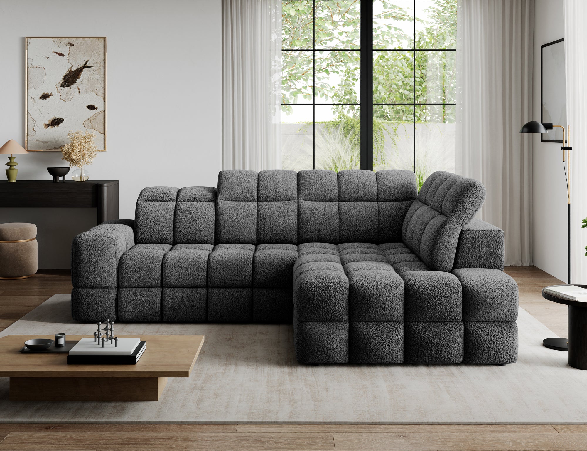 Canapé d'angle convertible design VANEAU avec coffre de rangement - Bouclette chinée gris foncé - vue 4