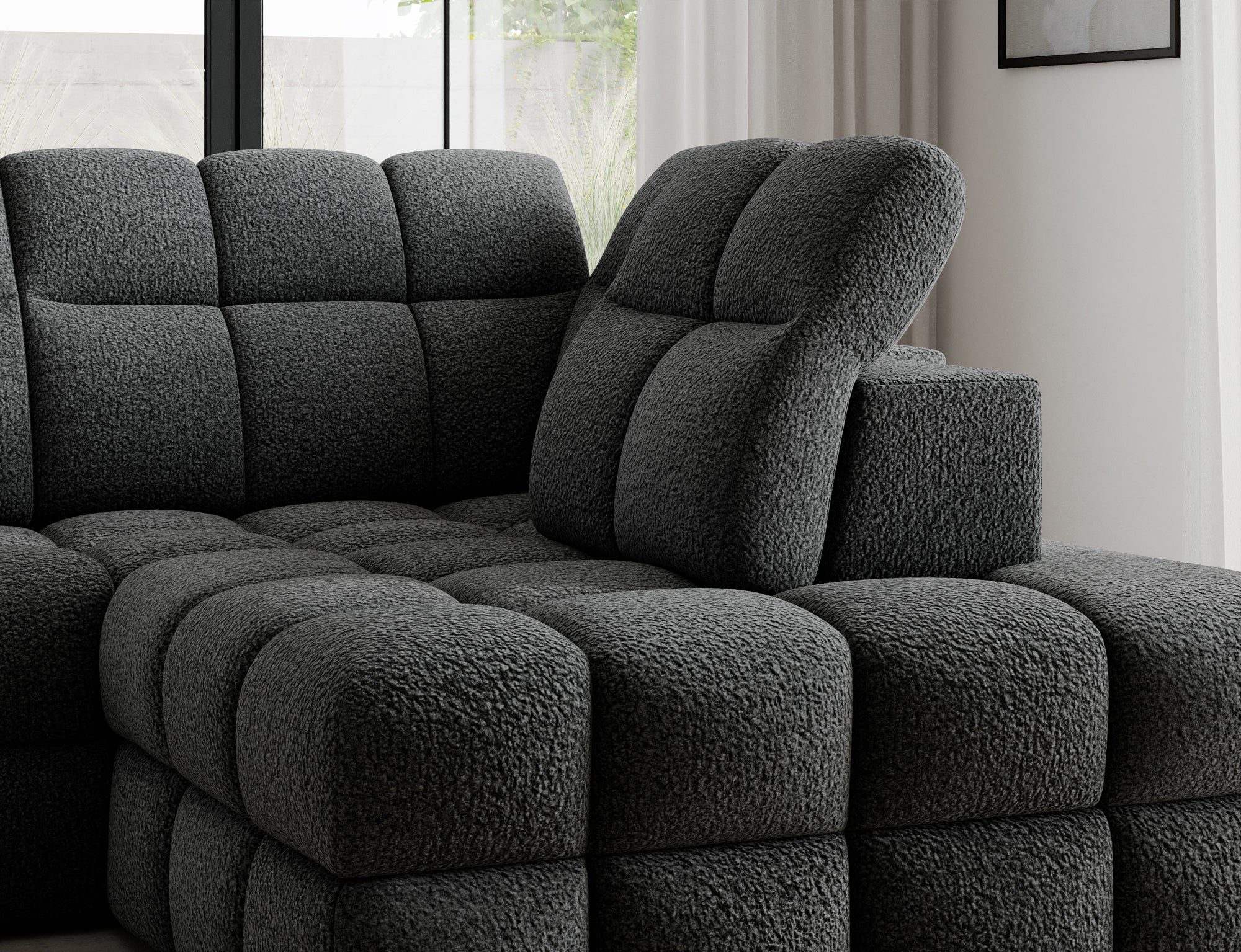 Canapé d'angle convertible design VANEAU avec coffre de rangement - Bouclette chinée gris foncé - vue 8