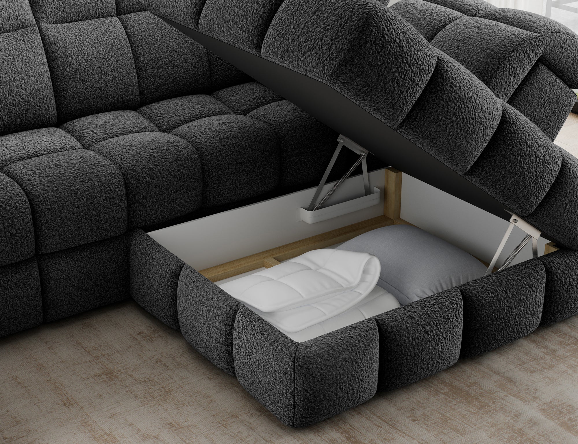 Canapé d'angle convertible design VANEAU avec coffre de rangement - Bouclette chinée gris foncé - vue 9