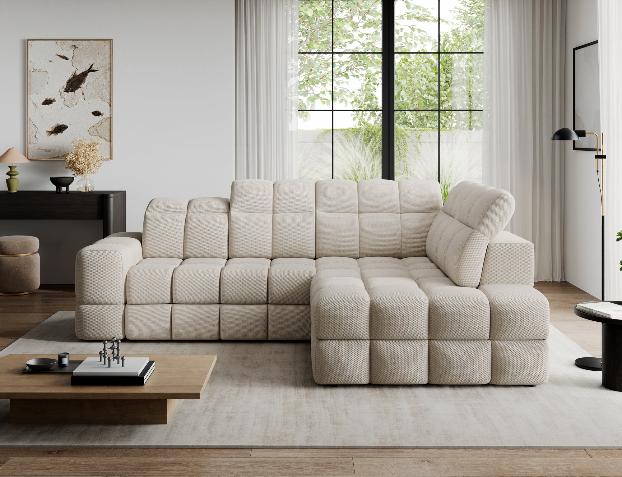 Canapé d'angle convertible design VANEAU avec coffre de rangement - Tissu texturé beige - vue 4