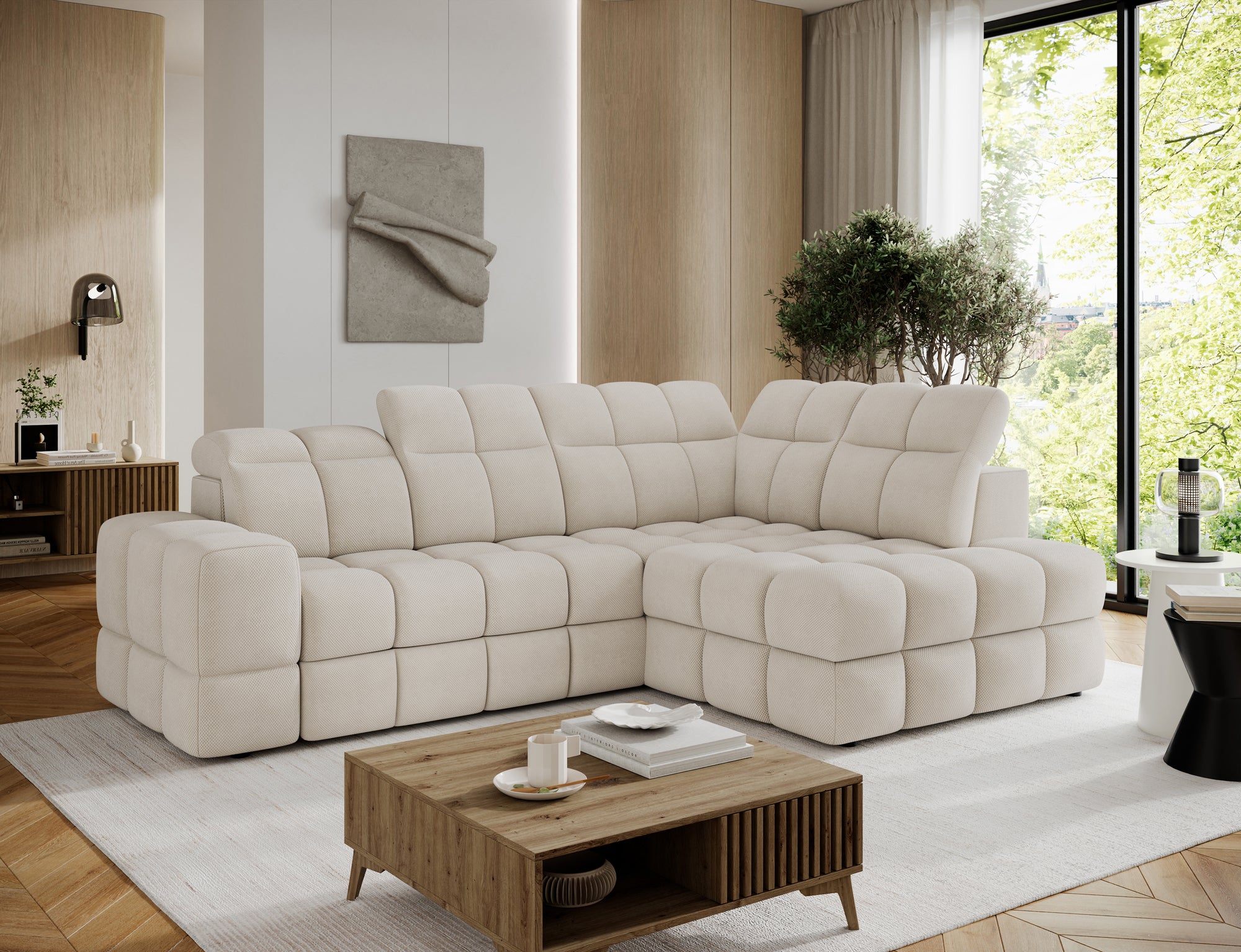 Canapé d'angle convertible design VANEAU avec coffre de rangement - Tissu texturé beige - vue 5