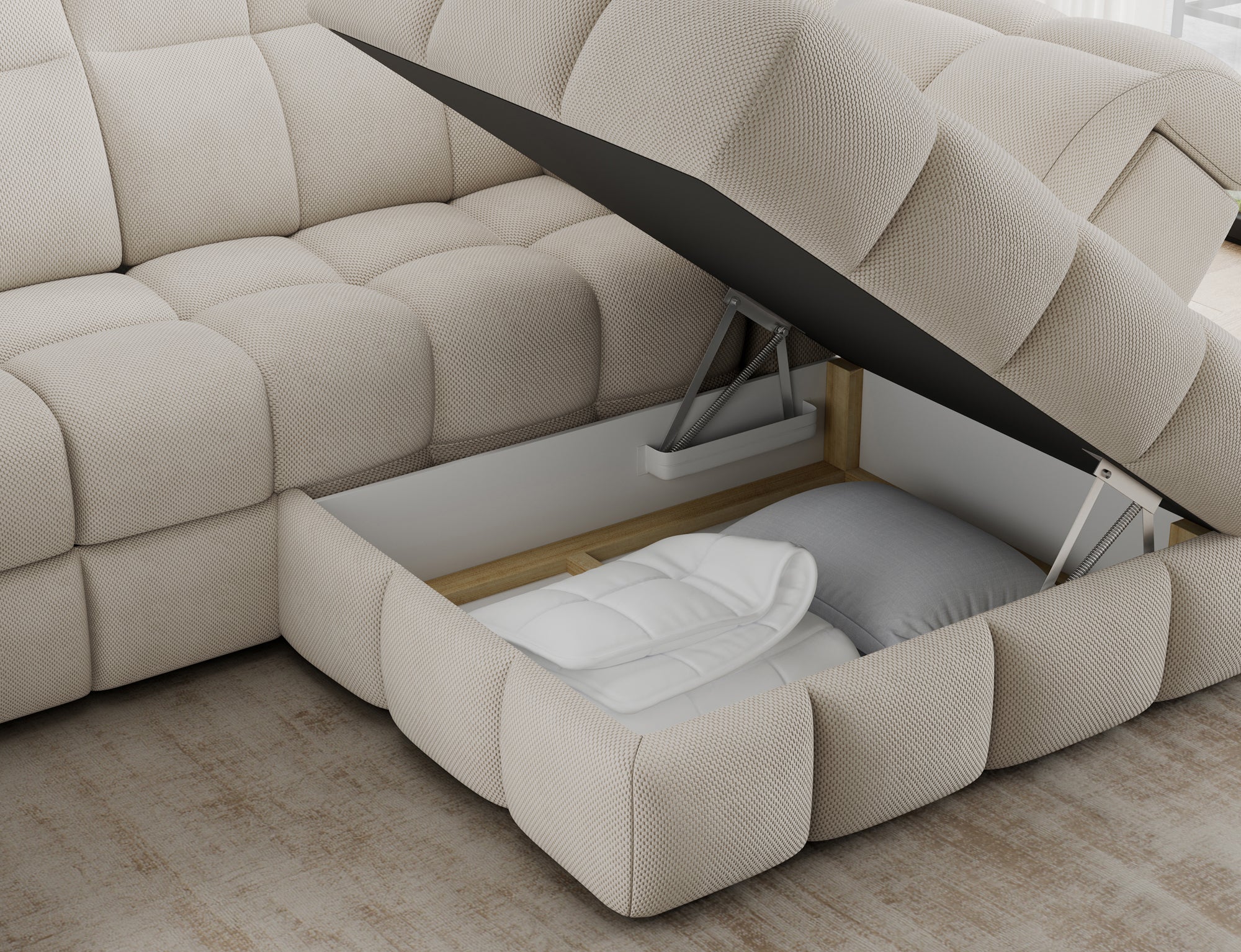 Canapé d'angle convertible design VANEAU avec coffre de rangement - Tissu texturé beige - vue 9