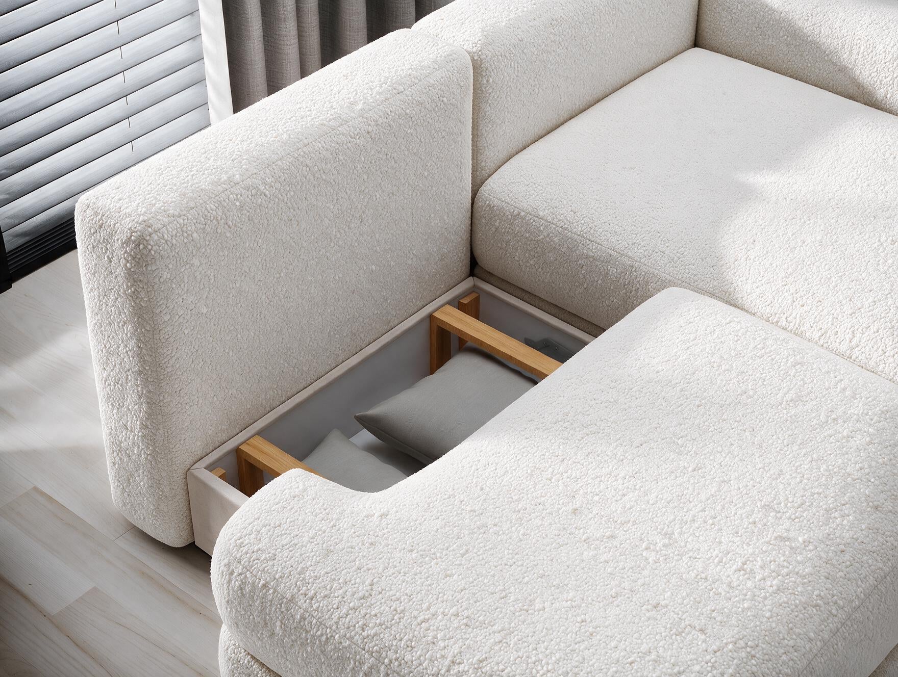 Canapé d'angle convertible design WAGRAM avec coffre de rangement - Bouclette chinée crème - vue 9