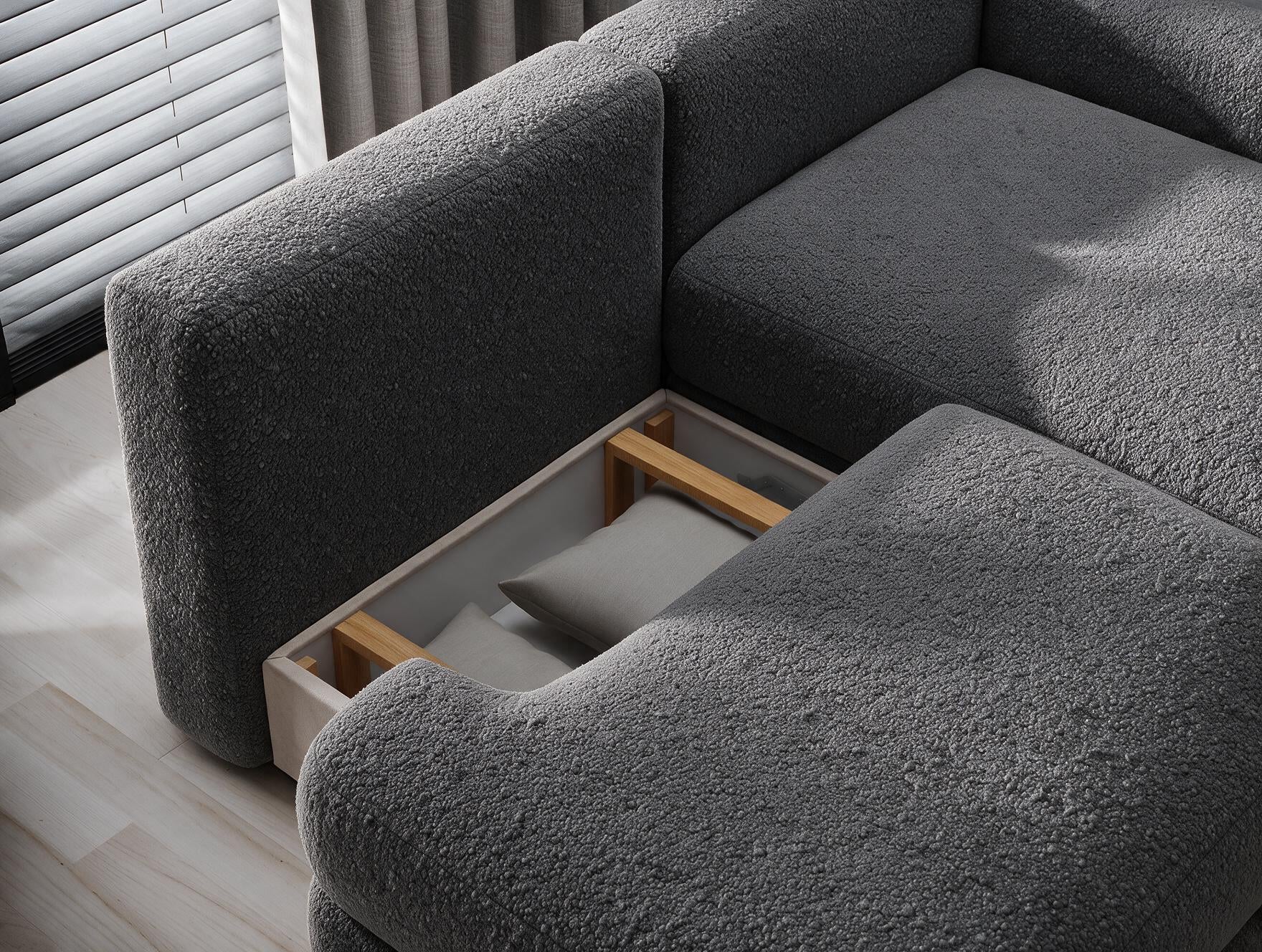 Canapé d'angle convertible design WAGRAM avec coffre de rangement - Bouclette chinée gris foncé - vue 9