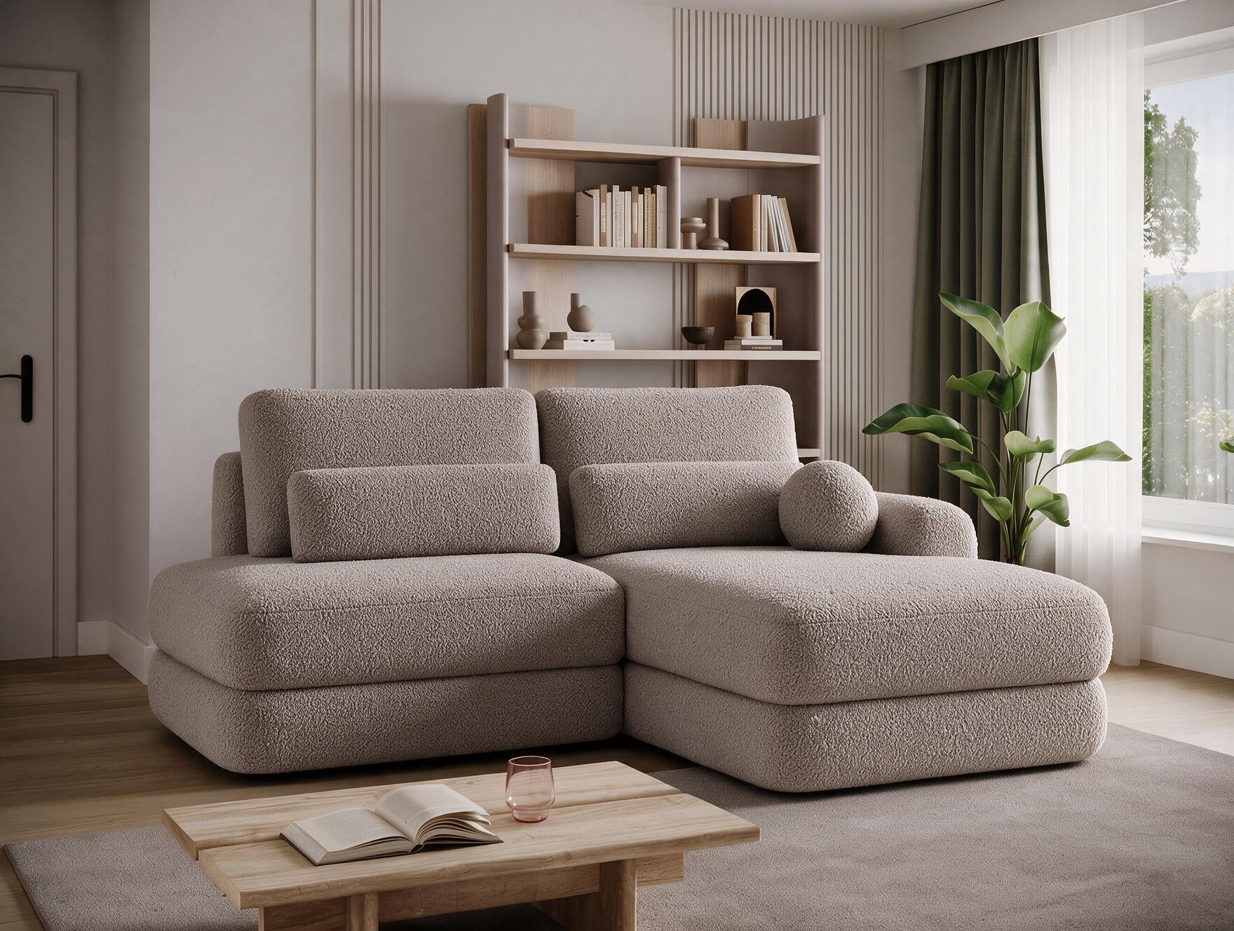 Canapé d'angle convertible design WAGRAM avec coffre de rangement - Bouclette chinée taupe - vue 6