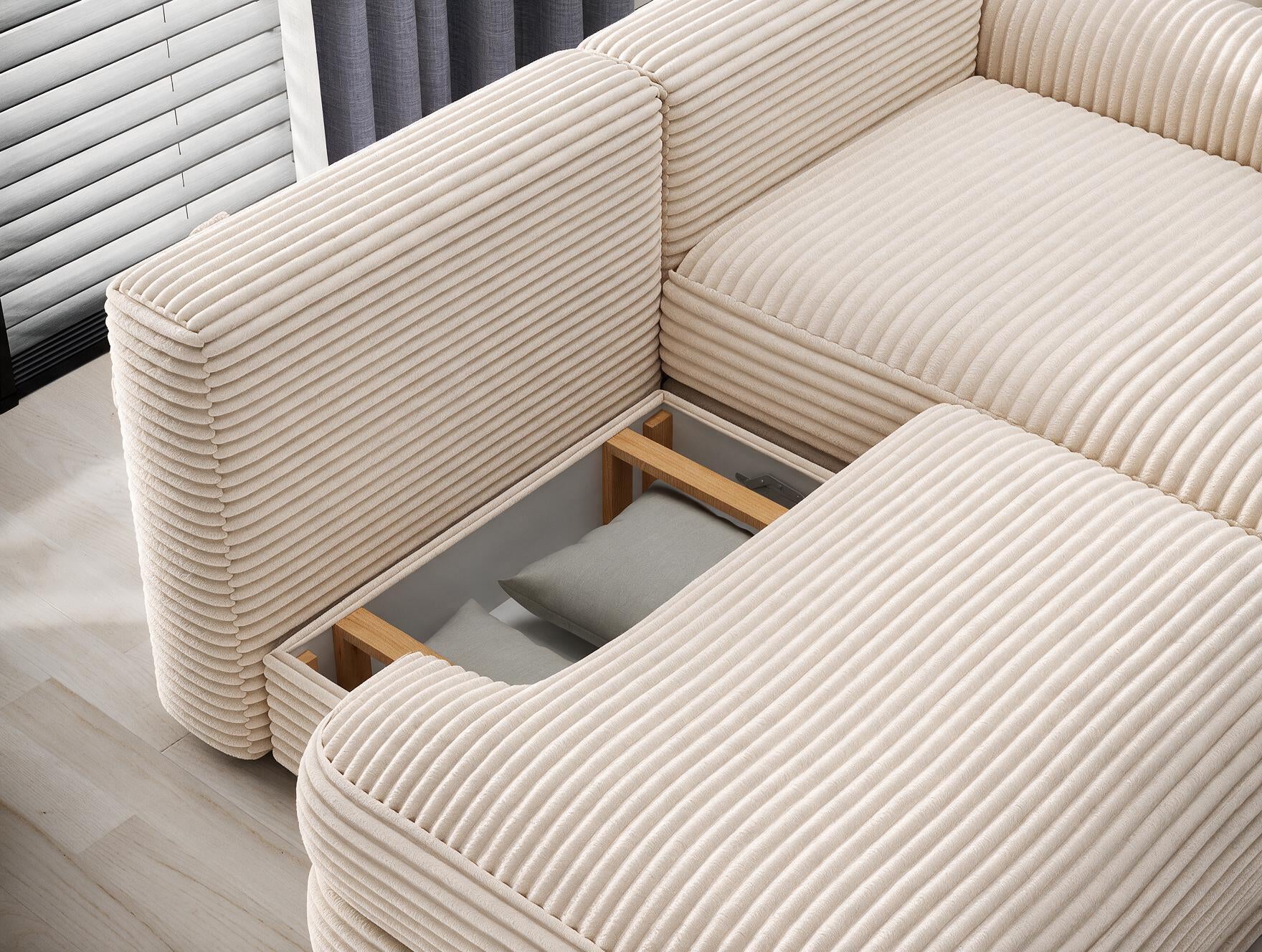 Canapé d'angle convertible design WAGRAM avec coffre de rangement - Velours côtelé épais beige - vue 9