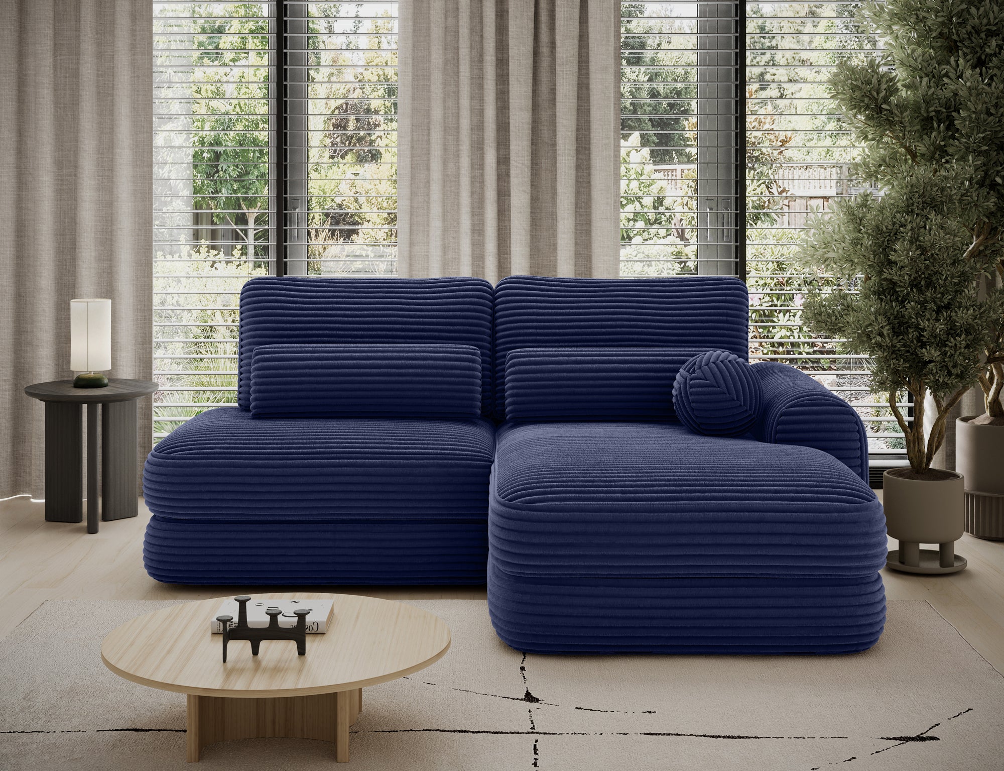 Canapé d'angle convertible design WAGRAM avec coffre de rangement - Velours côtelé épais bleu - vue 4