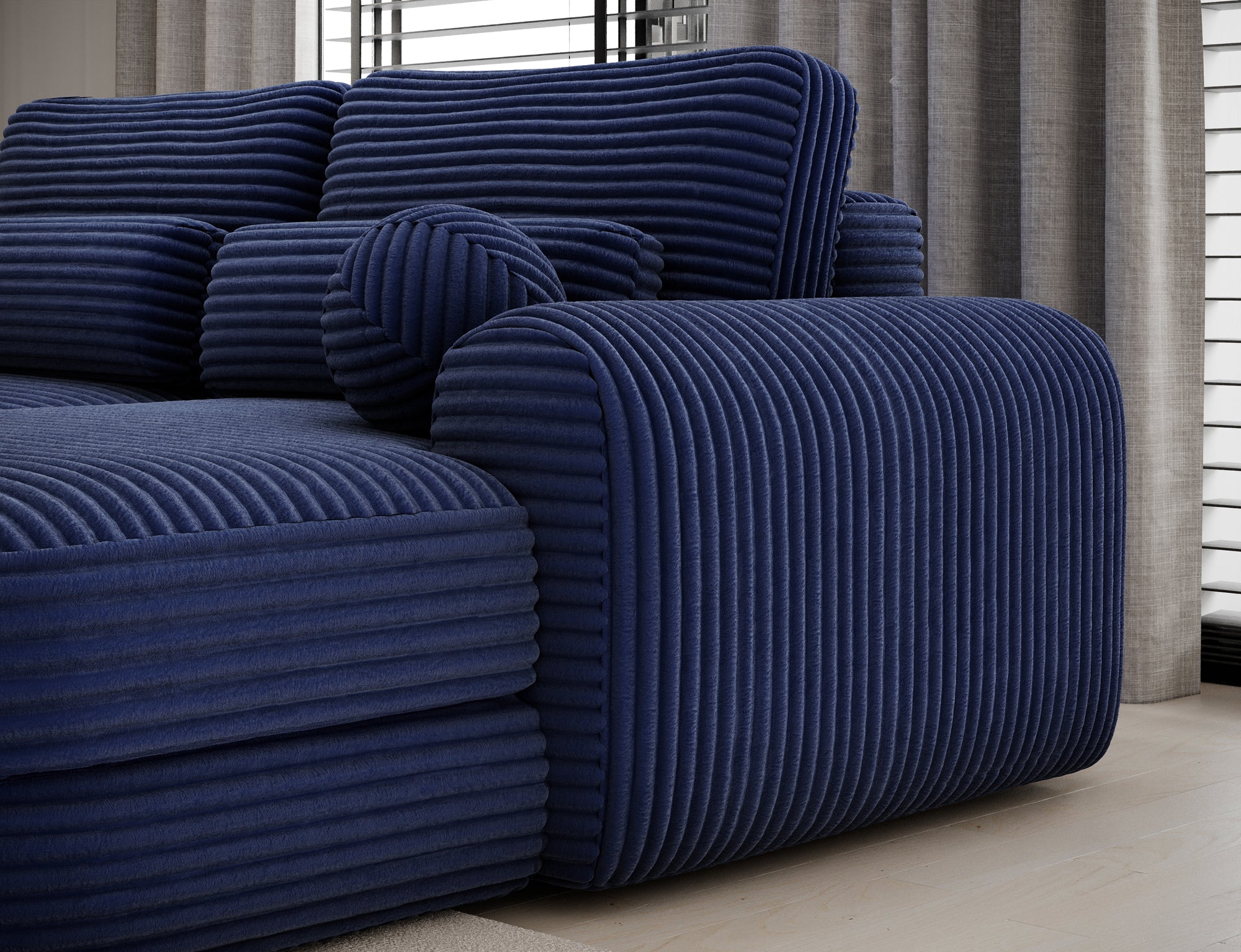 Canapé d'angle convertible design WAGRAM avec coffre de rangement - Velours côtelé épais bleu - vue 7