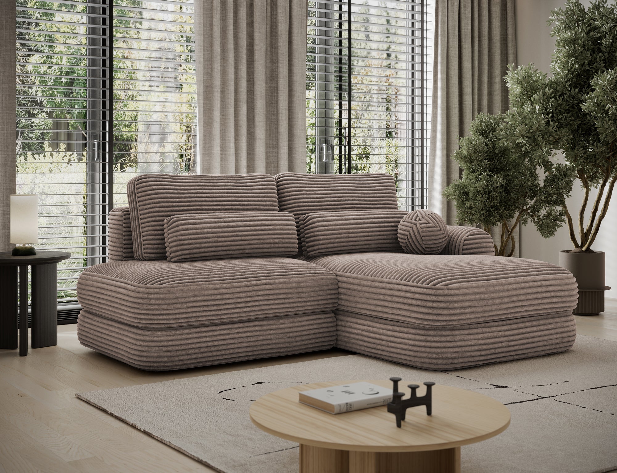 Canapé d'angle convertible design WAGRAM avec coffre de rangement - Velours côtelé épais camel - vue 3