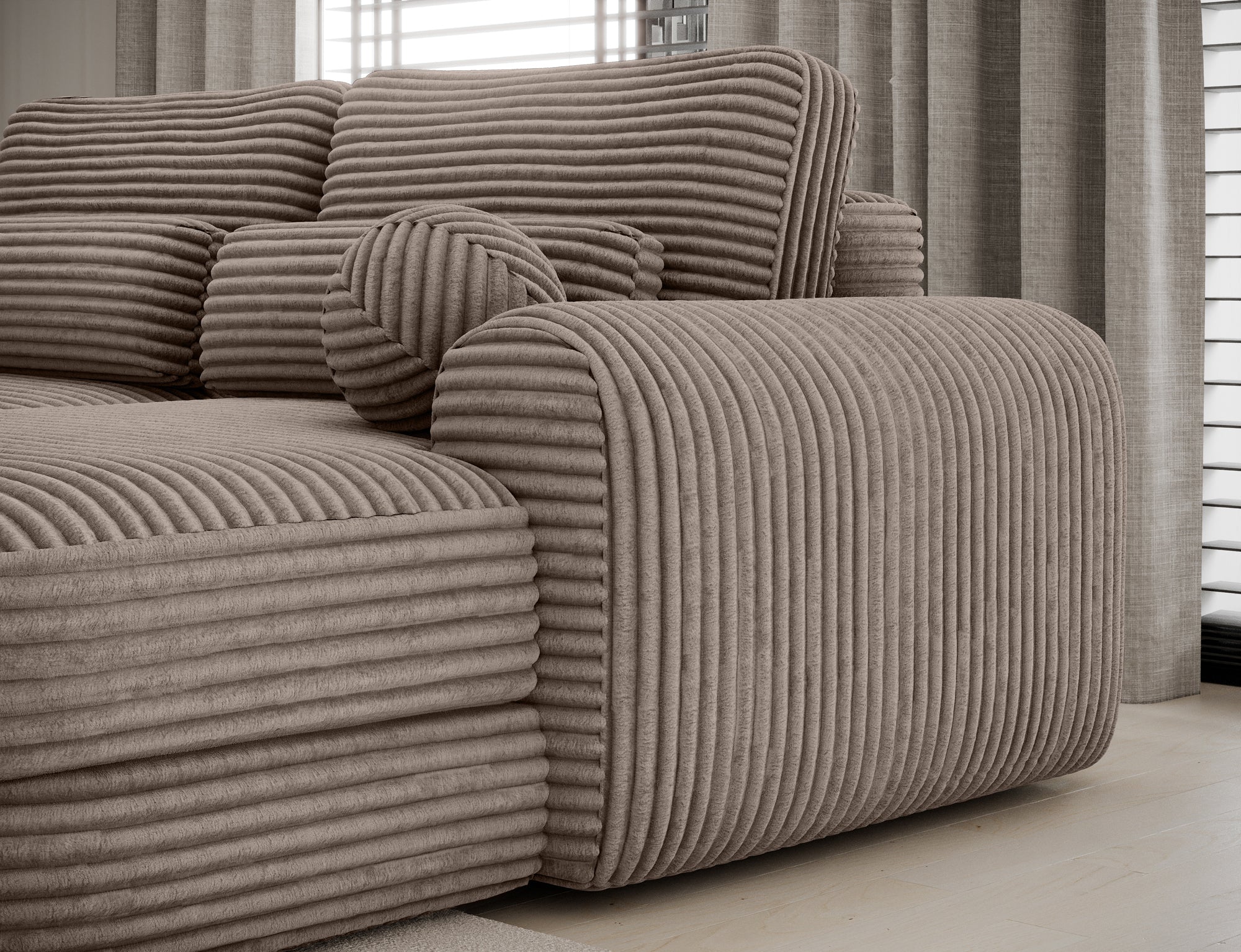 Canapé d'angle convertible design WAGRAM avec coffre de rangement - Velours côtelé épais camel - vue 7