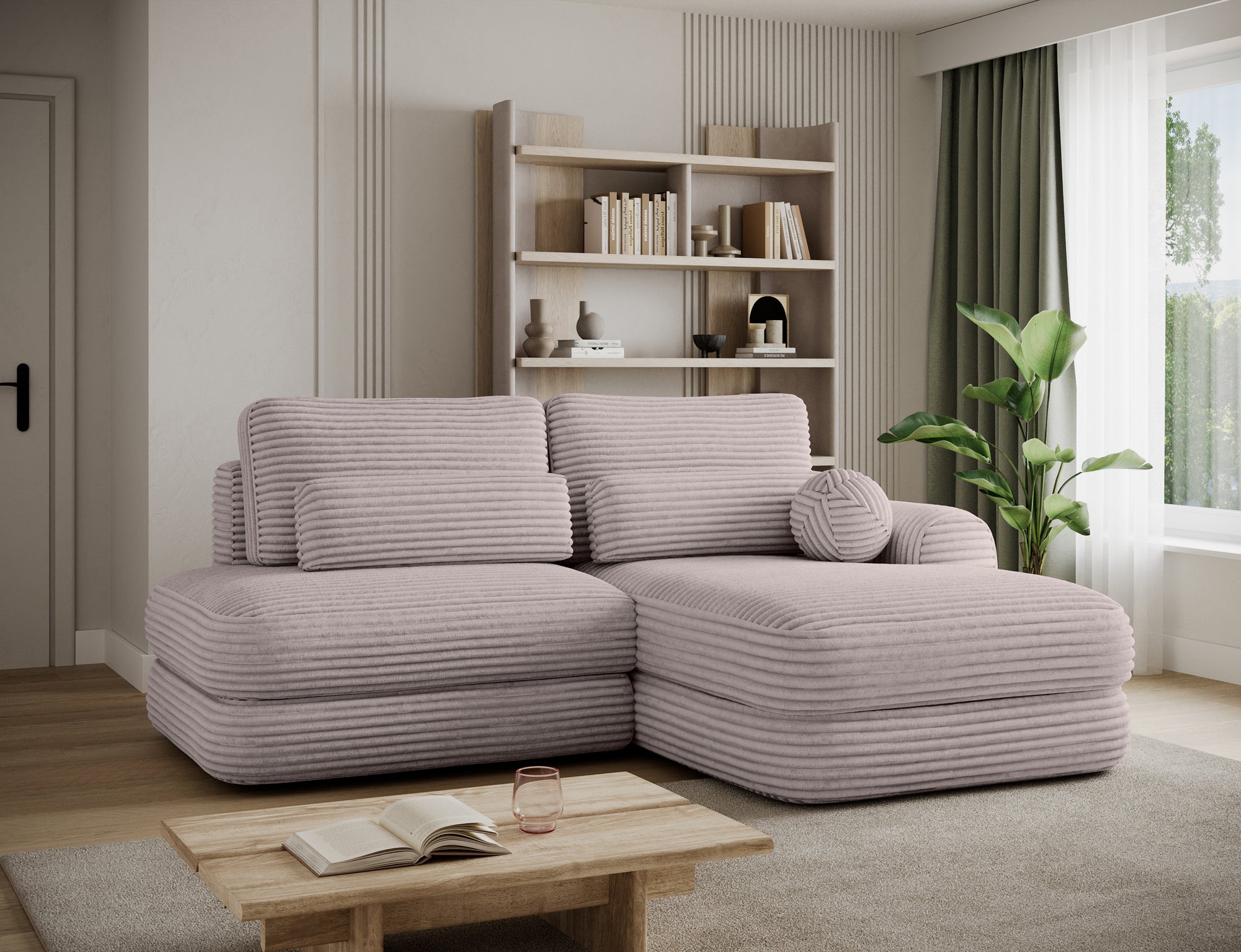 Canapé d'angle convertible design WAGRAM avec coffre de rangement - Velours côtelé épais gris clair - vue 6