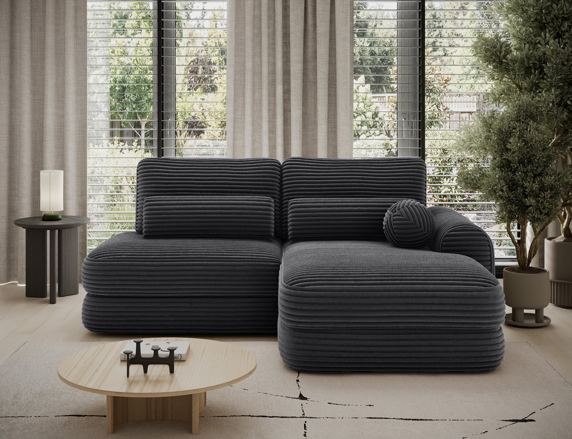 Canapé d'angle convertible design WAGRAM avec coffre de rangement - Velours côtelé épais noir - vue 4