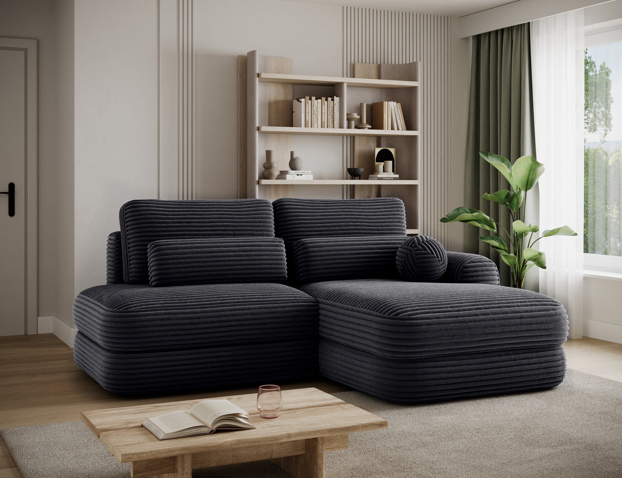 Canapé d'angle convertible design WAGRAM avec coffre de rangement - Velours côtelé épais noir - vue 6