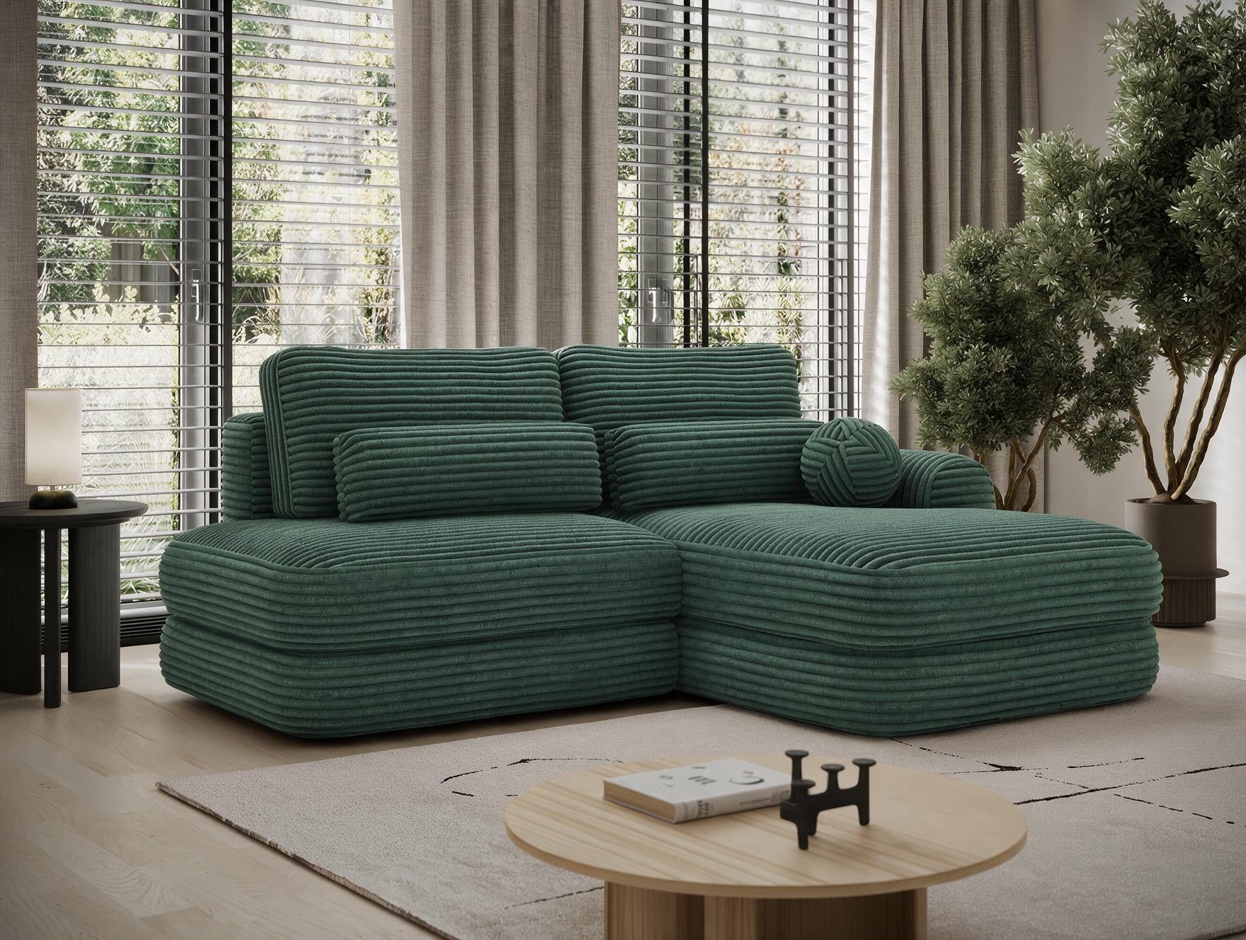 Canapé d'angle convertible design WAGRAM avec coffre de rangement - Velours côtelé épais vert - vue 3