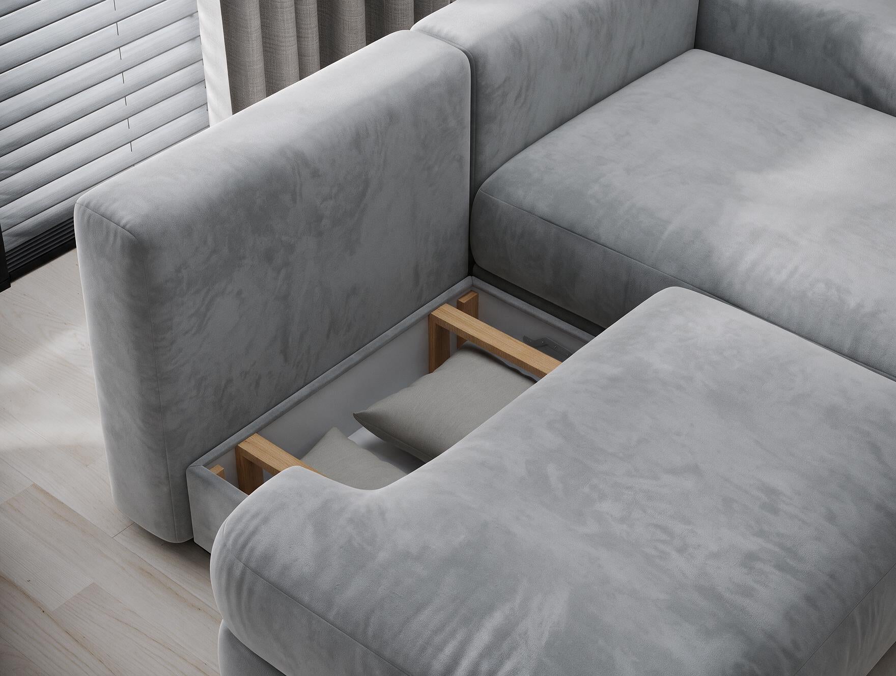 Canapé d'angle convertible design WAGRAM avec coffre de rangement - Velours gris clair - vue 9