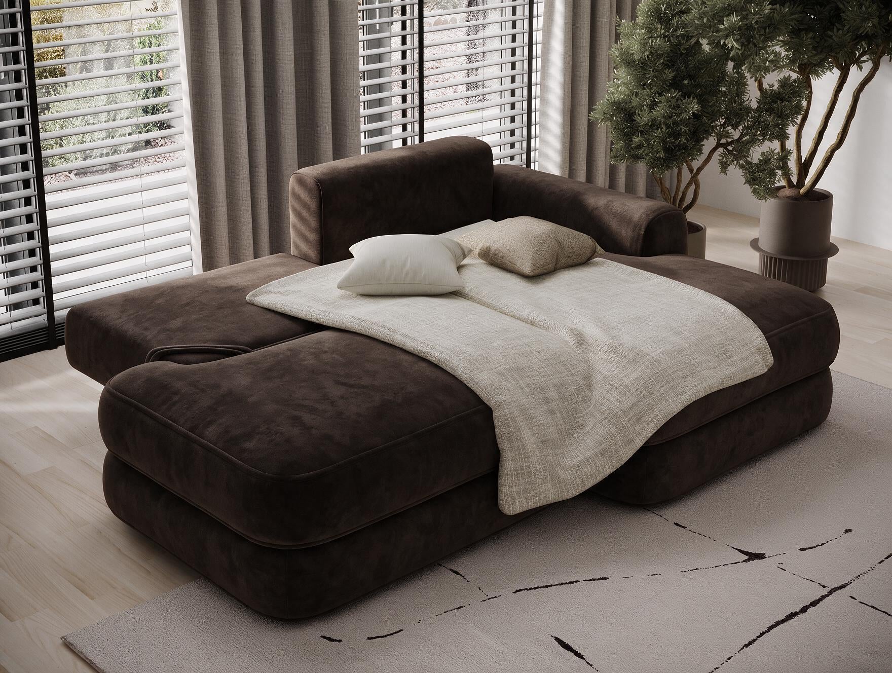 Canapé d'angle convertible design WAGRAM avec coffre de rangement - Velours marron foncé - vue 2
