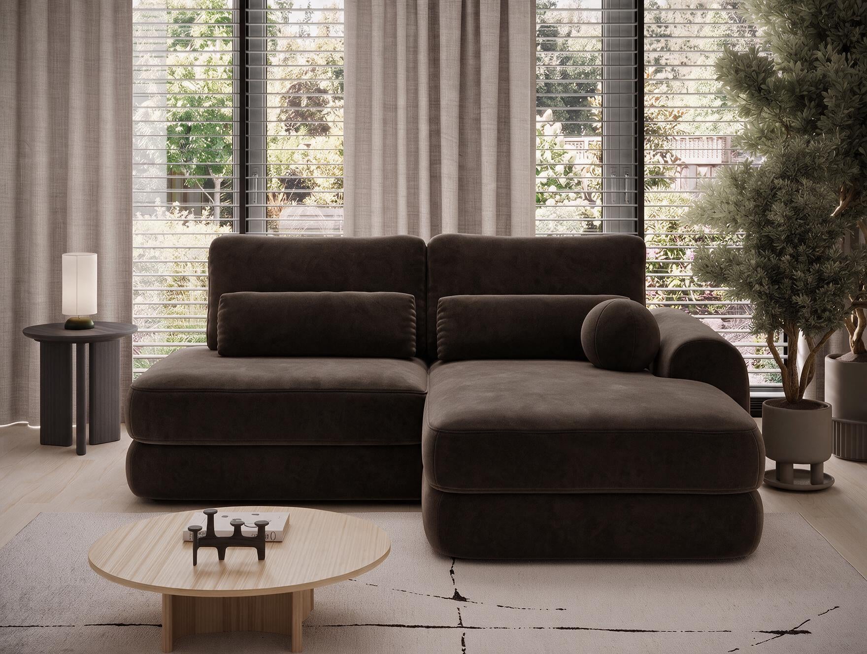 Canapé d'angle convertible design WAGRAM avec coffre de rangement - Velours marron foncé - vue 4