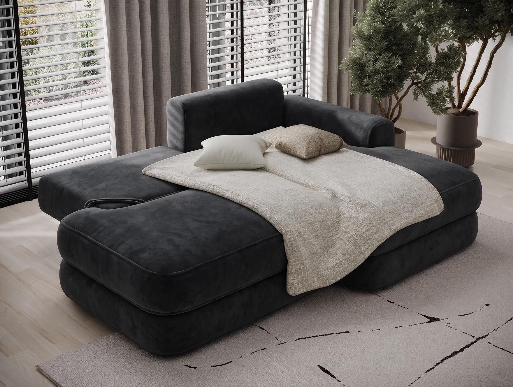 Canapé d'angle convertible design WAGRAM avec coffre de rangement - Velours noir - vue 2