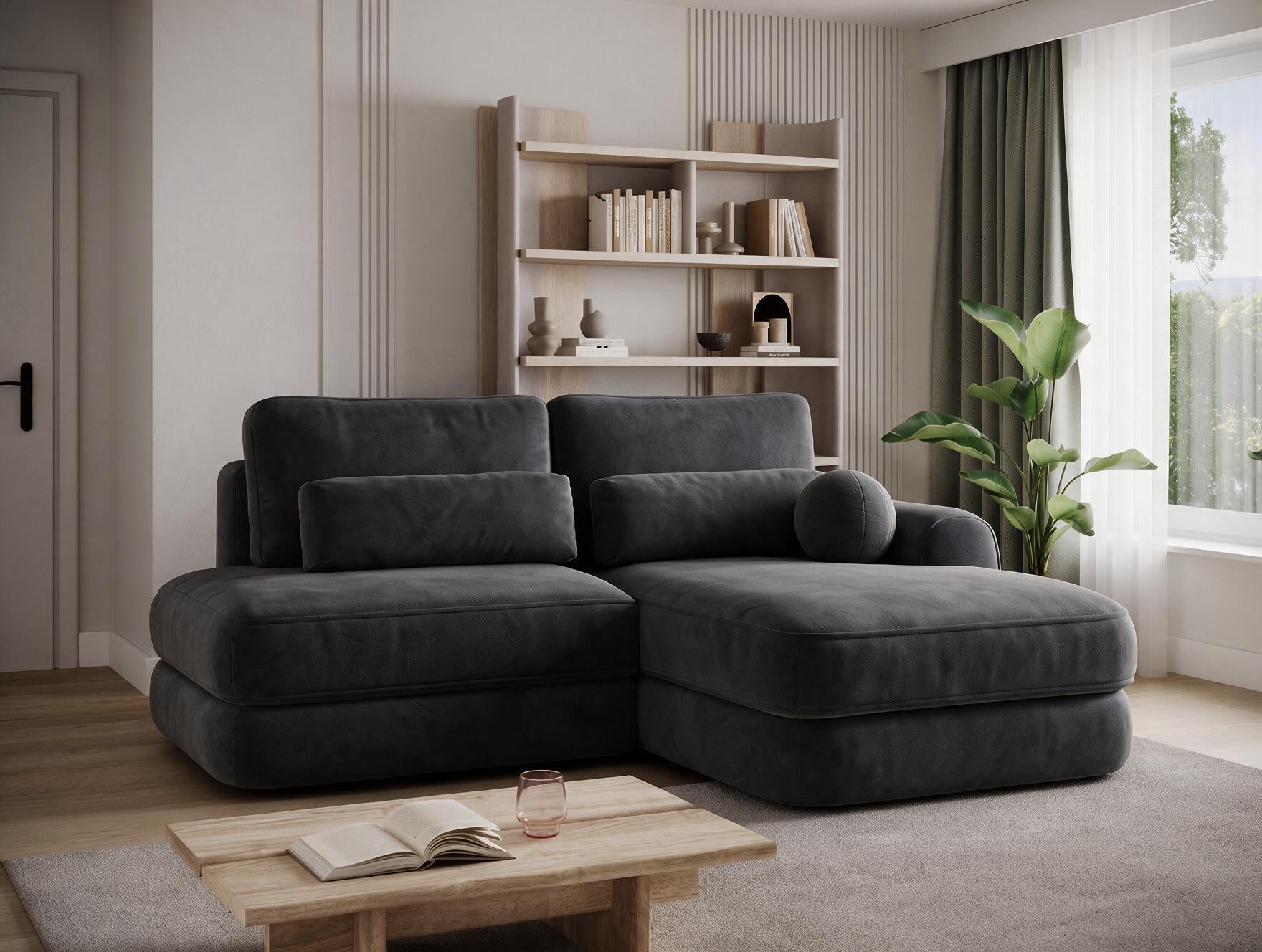 Canapé d'angle convertible design WAGRAM avec coffre de rangement - Velours noir - vue 6