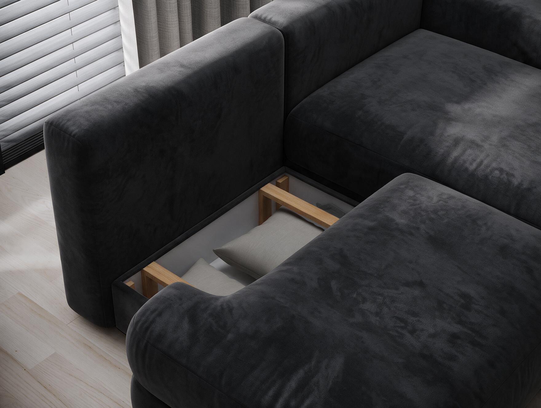 Canapé d'angle convertible design WAGRAM avec coffre de rangement - Velours noir - vue 9