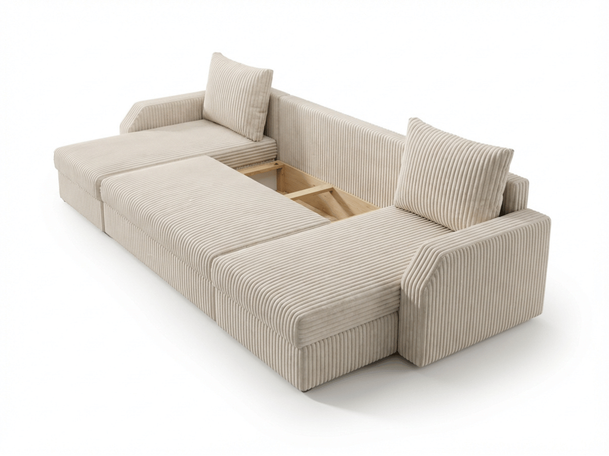 Canapé panoramique en U convertible VILLIERS 312 cm – Velours côtelé épais – Coffre de rangement