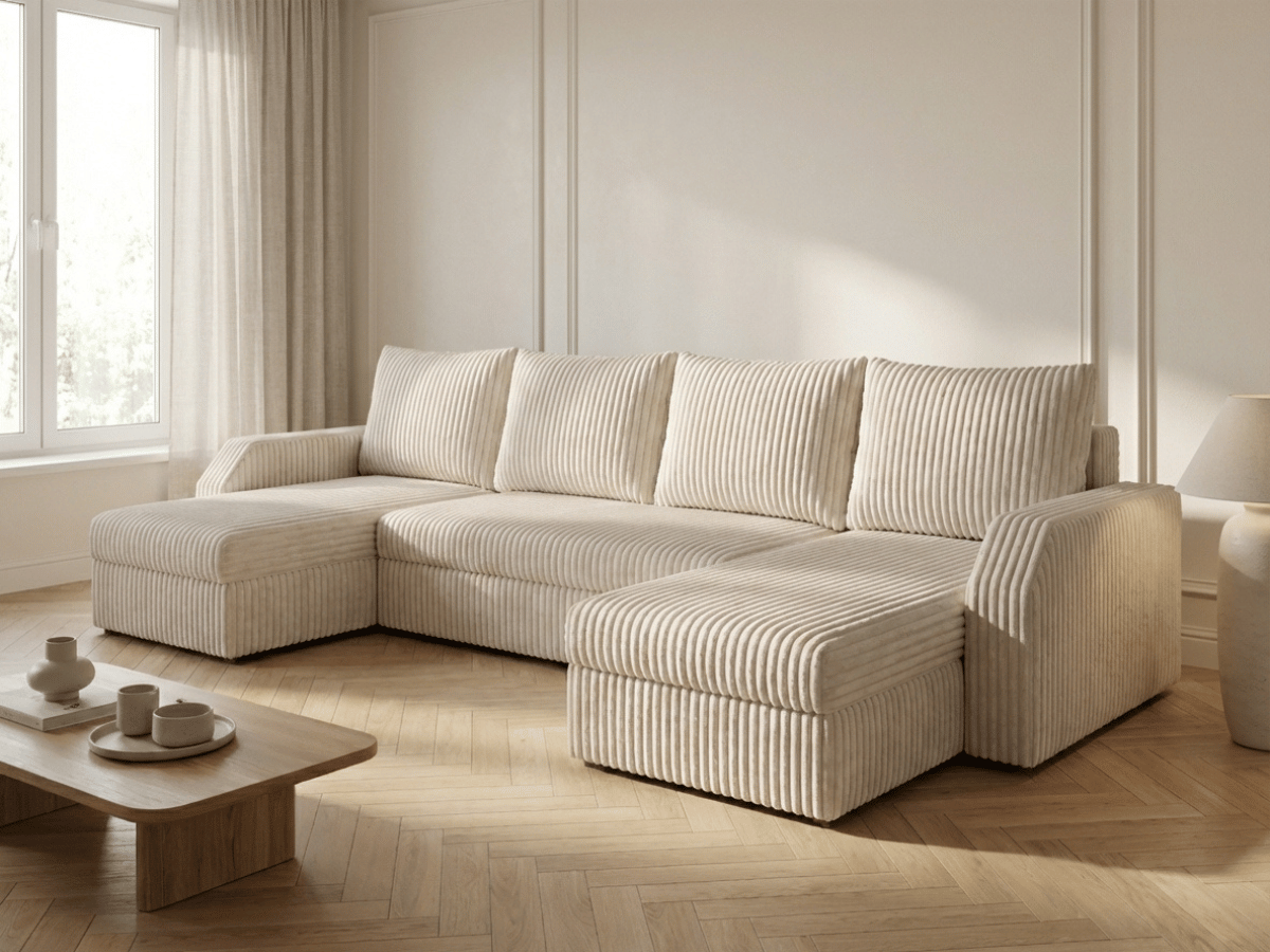 Canapé panoramique en U convertible VILLIERS 312 cm – Velours côtelé épais – Coffre de rangement