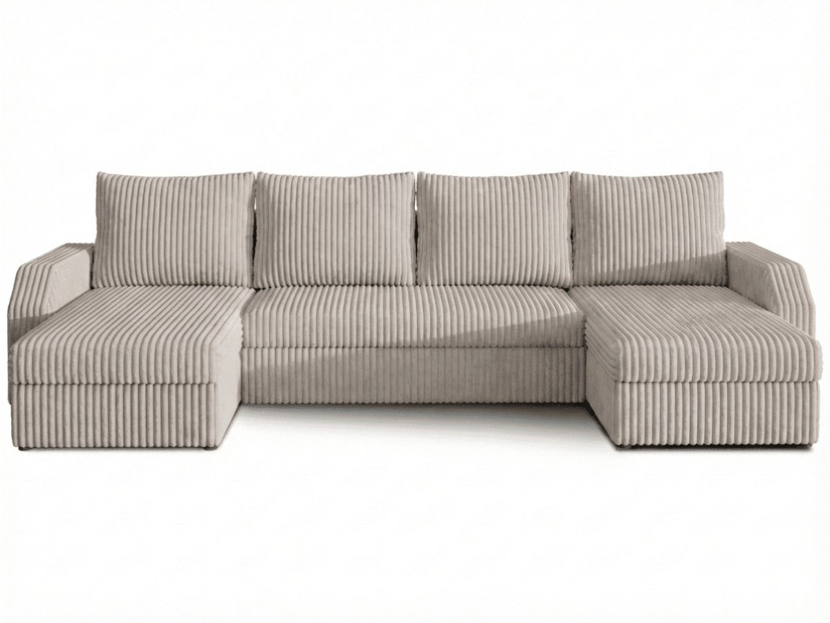 Canapé panoramique en U convertible VILLIERS 312 cm – Velours côtelé épais – Coffre de rangement