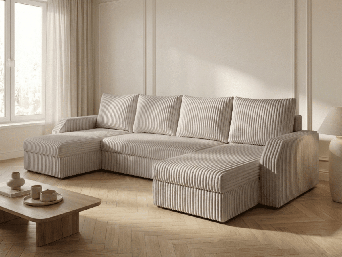 Canapé panoramique en U convertible VILLIERS 312 cm – Velours côtelé épais – Coffre de rangement