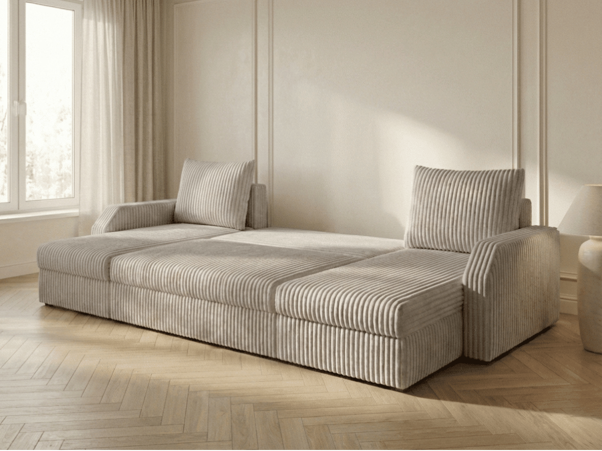 Canapé panoramique en U convertible VILLIERS 312 cm – Velours côtelé épais – Coffre de rangement