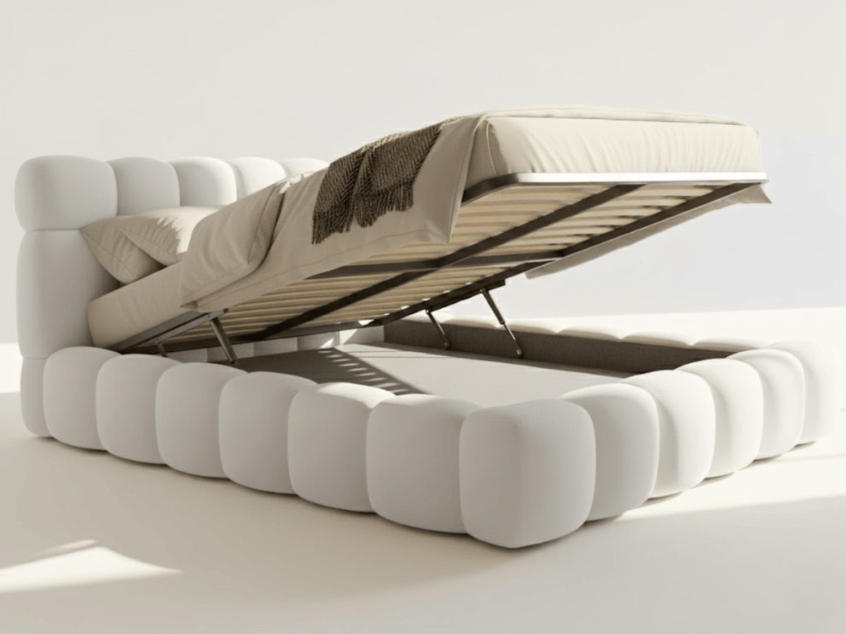 Lit coffre Denver en tissu bouclette – Lit design rembourré avec rangement
