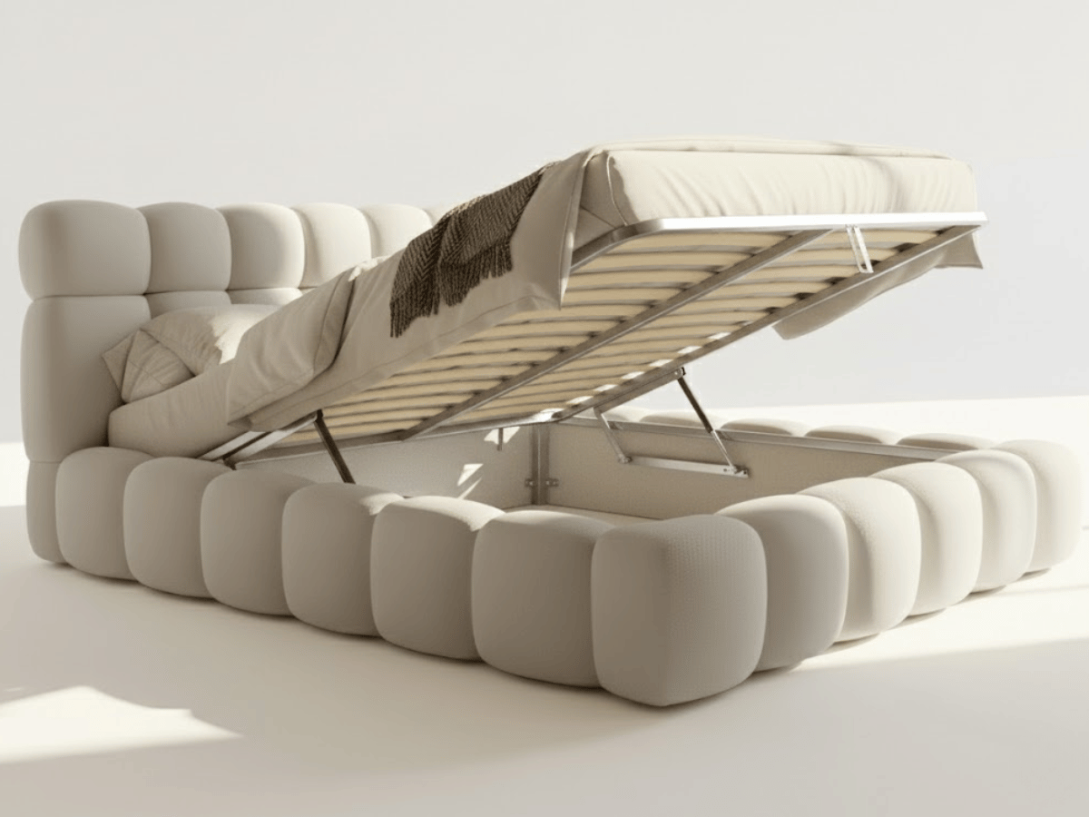 Lit coffre Denver en tissu bouclette – Lit design rembourré avec rangement