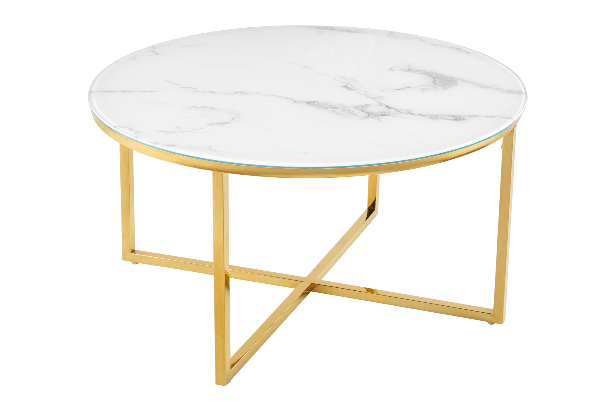 Élégante table basse BOUTIQUE 80cm ronde blanche en verre cristal décor marbre cadre doré