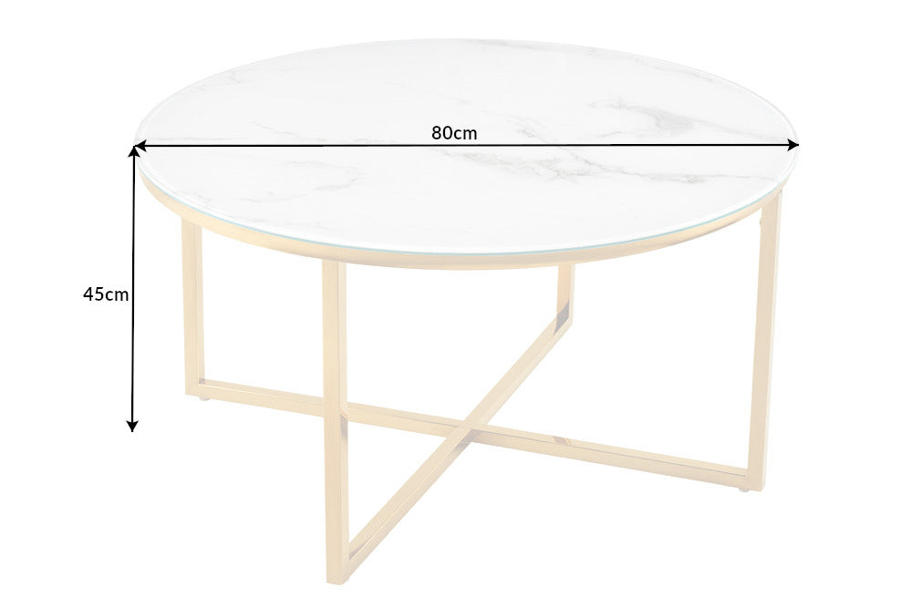 Élégante table basse BOUTIQUE 80cm ronde blanche en verre cristal décor marbre cadre doré