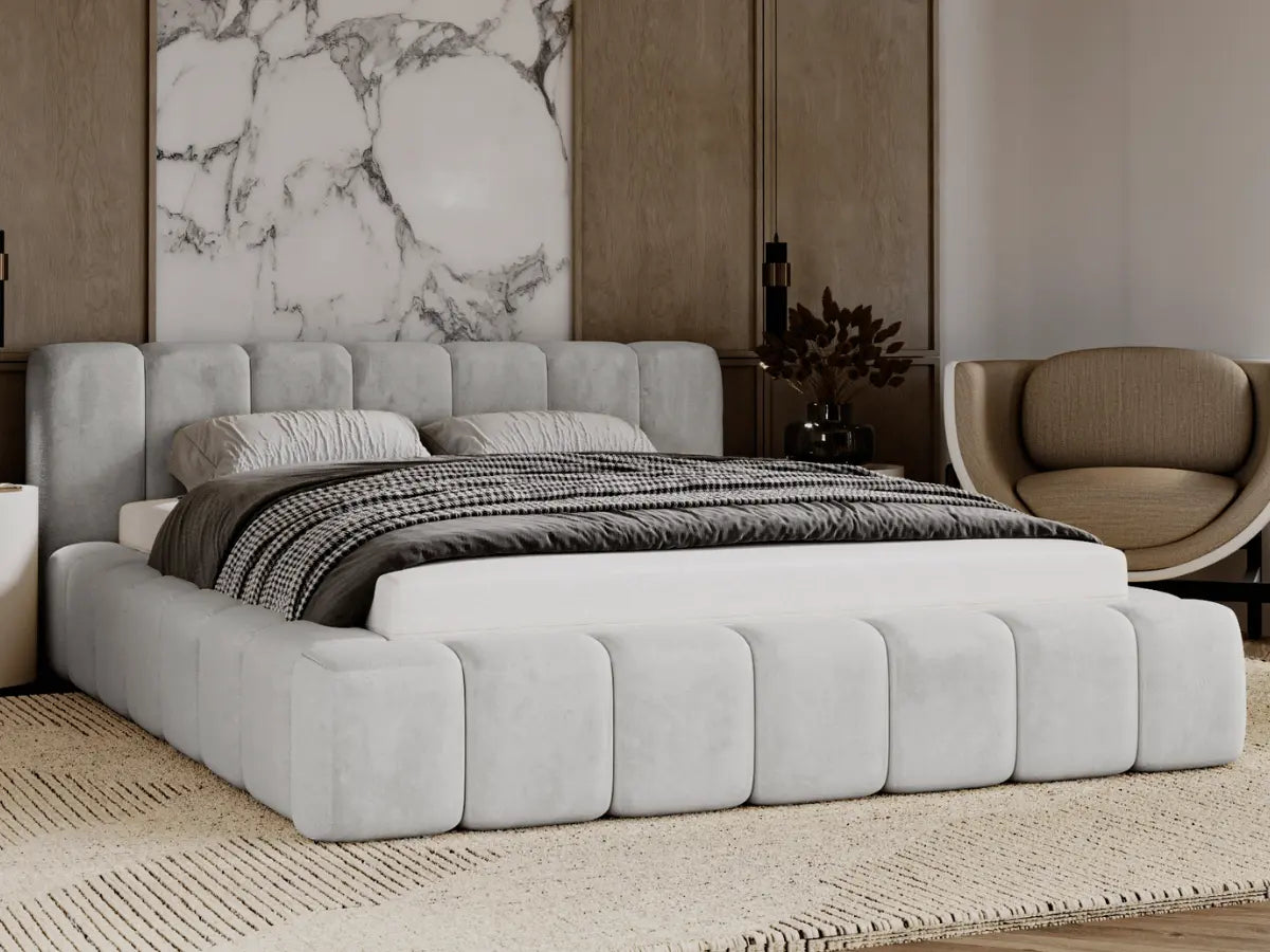 Lit coffre design matelassé - CHLOE Velours-gris-180x200-cm
