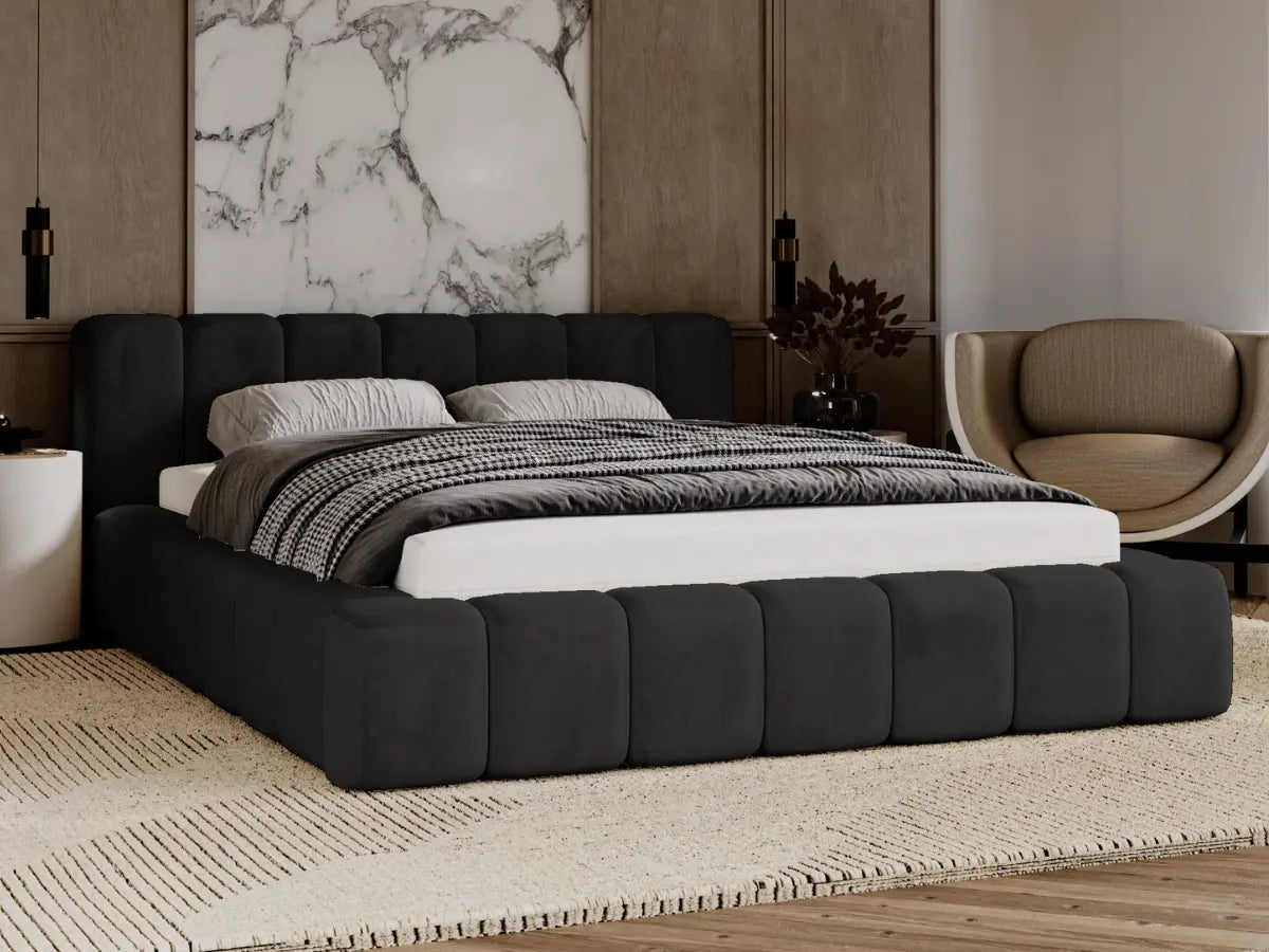 Lit coffre design matelassé - CHLOE Velours-noir-180x200-cm